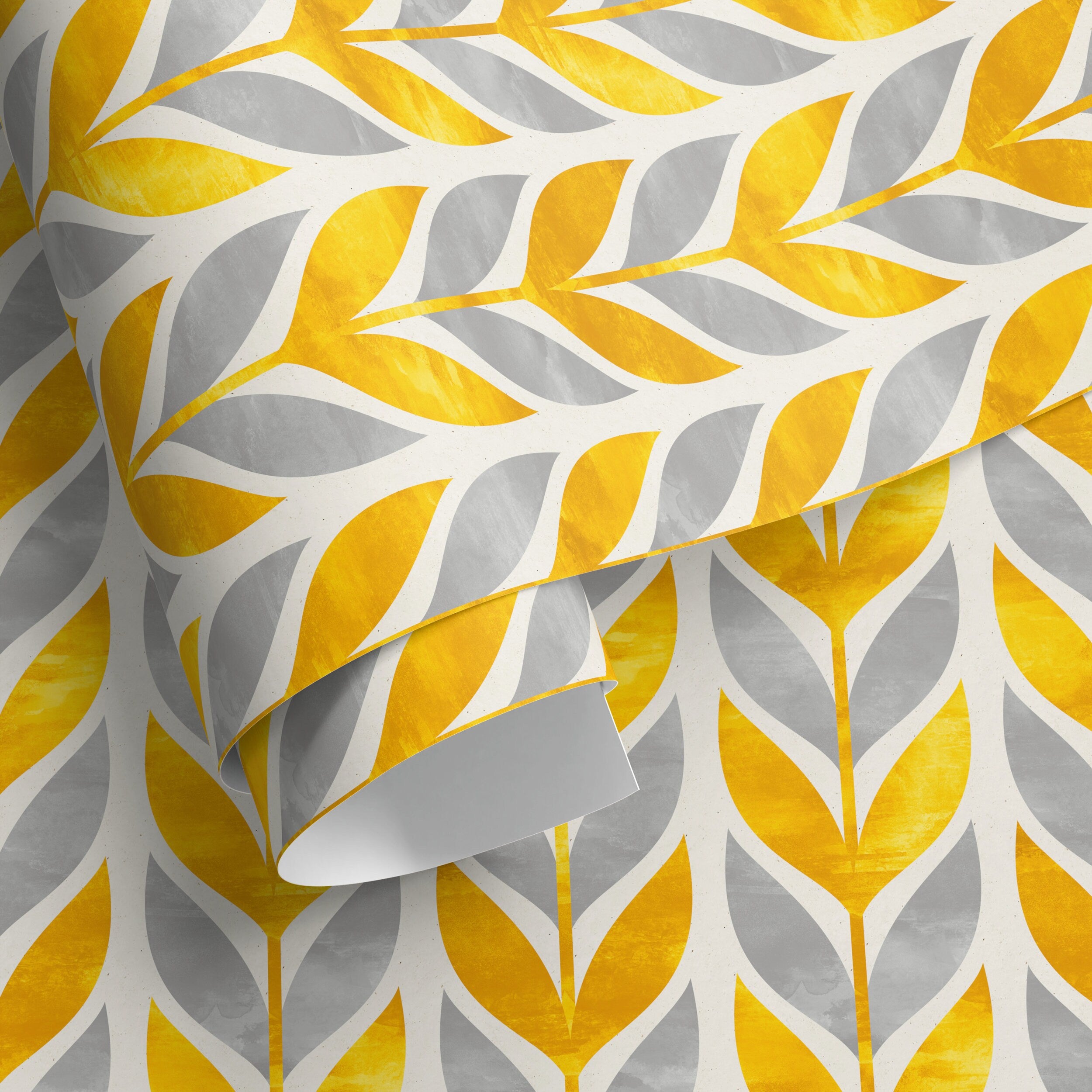 Scandinavian Wallpaper With A Stylized Leaf Motif In Yellow And Grey - A179