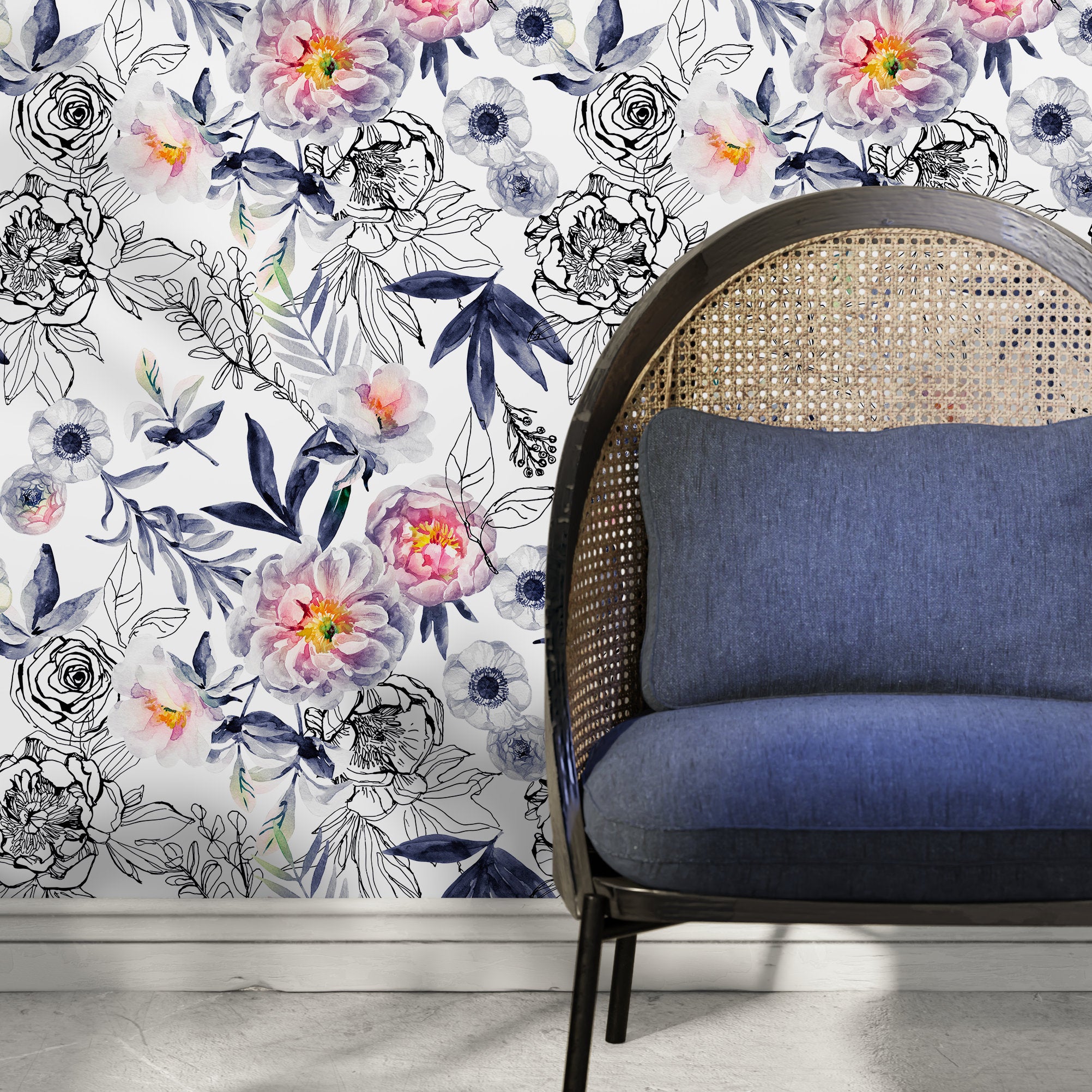 Floral Wallpaper With Watercolor And Sketch Peonies In Blue, Pink, And Black - A190