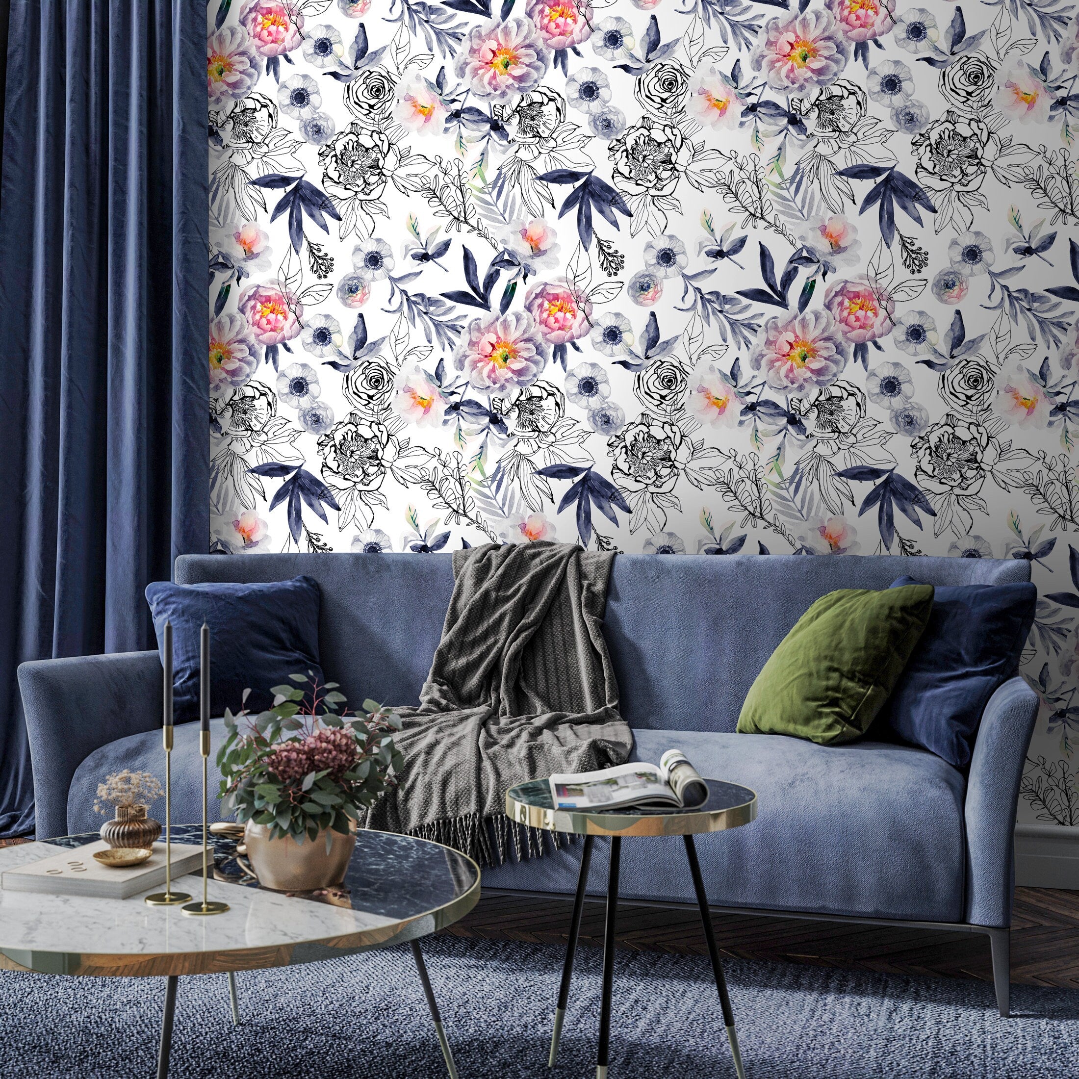 Floral Wallpaper With Watercolor And Sketch Peonies In Blue, Pink, And Black - A190