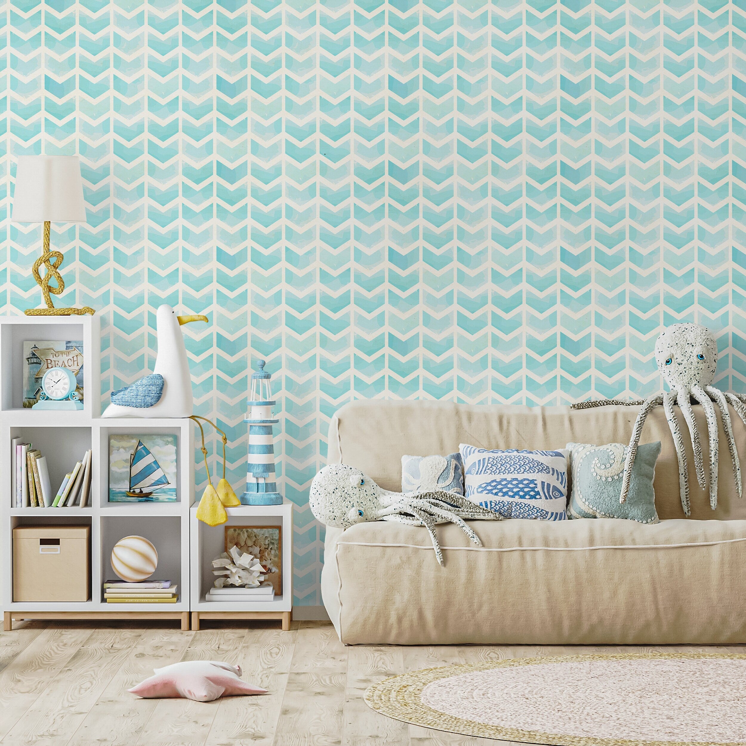 Herringbone Wallpaper With A Watercolor Chevron Motif In Blue And Cream - A297