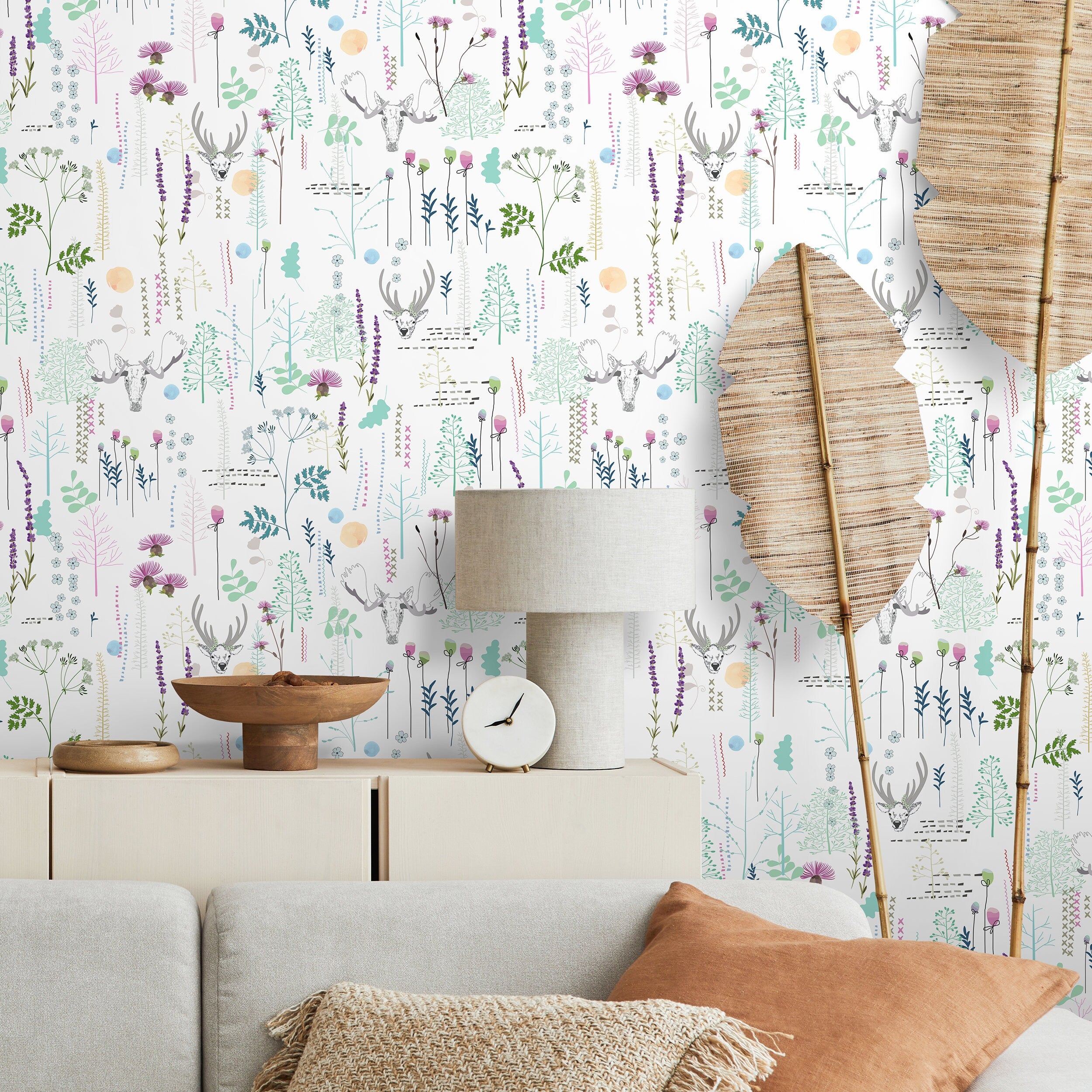 Floral Wallpaper With A Whimsical Deer Motif In Green And Purple - A303