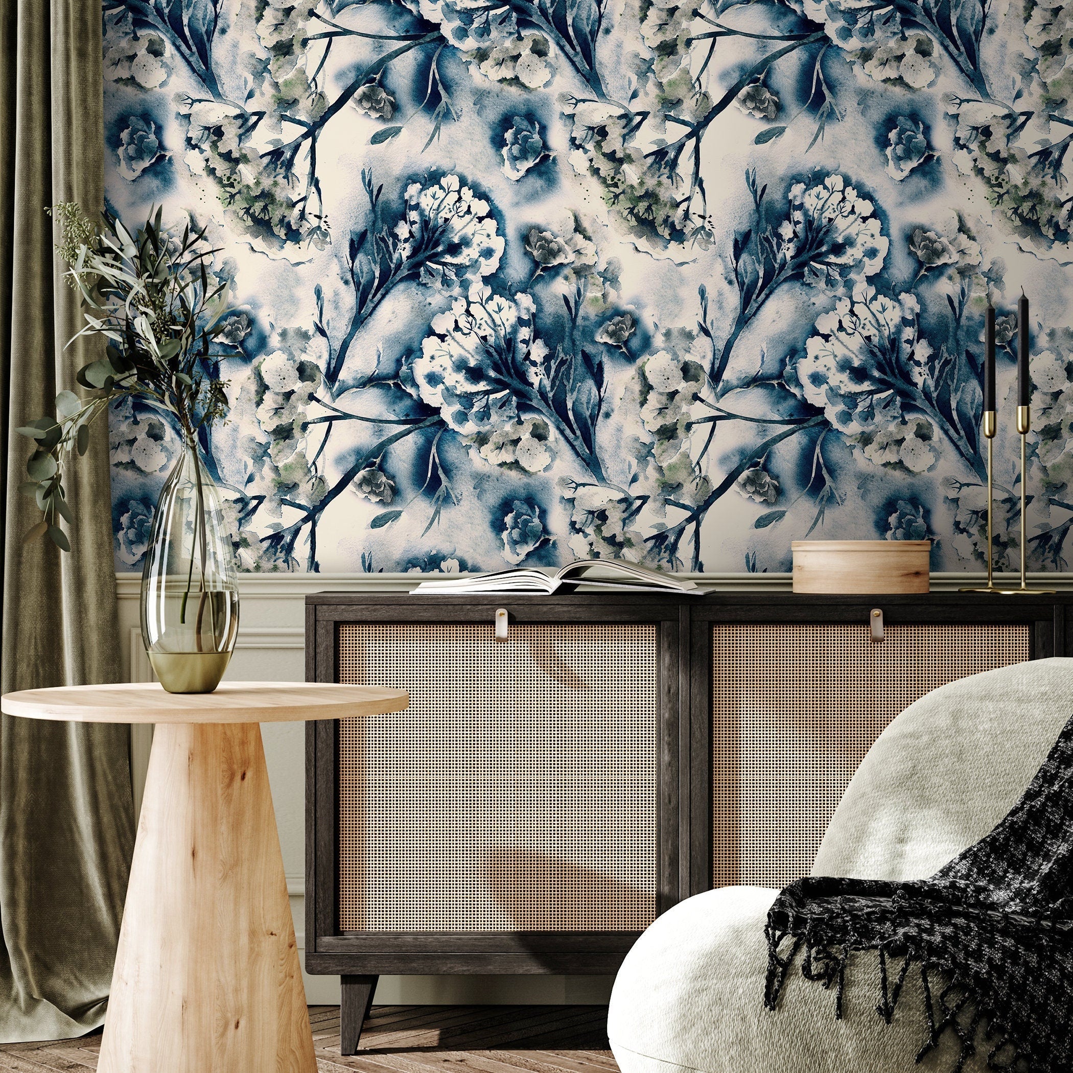 Floral Wallpaper With A Watercolor Blossom Motif In Blue And Green - A306