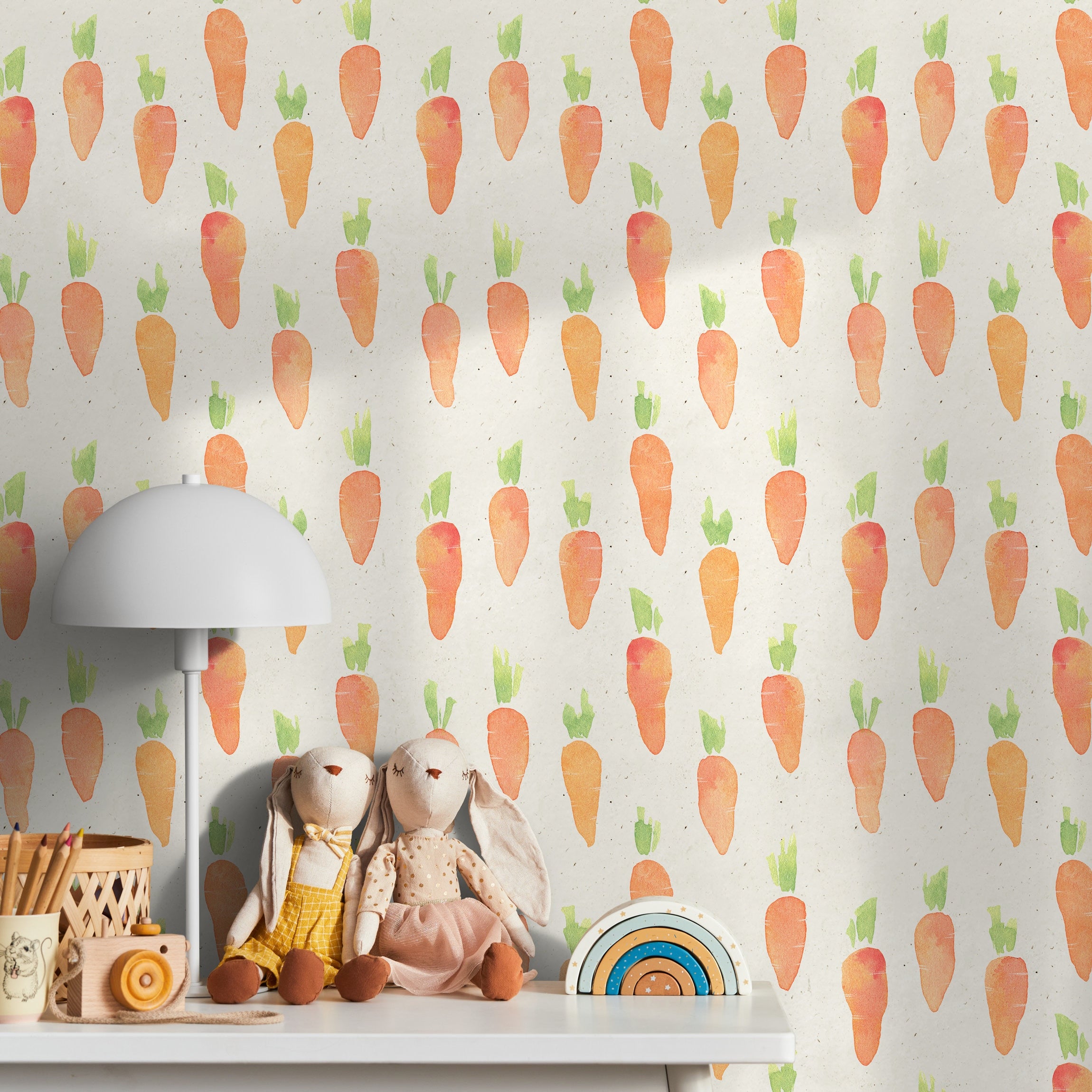 Kids Wallpaper With A Watercolor Carrot Pattern In Orange And Green - A312