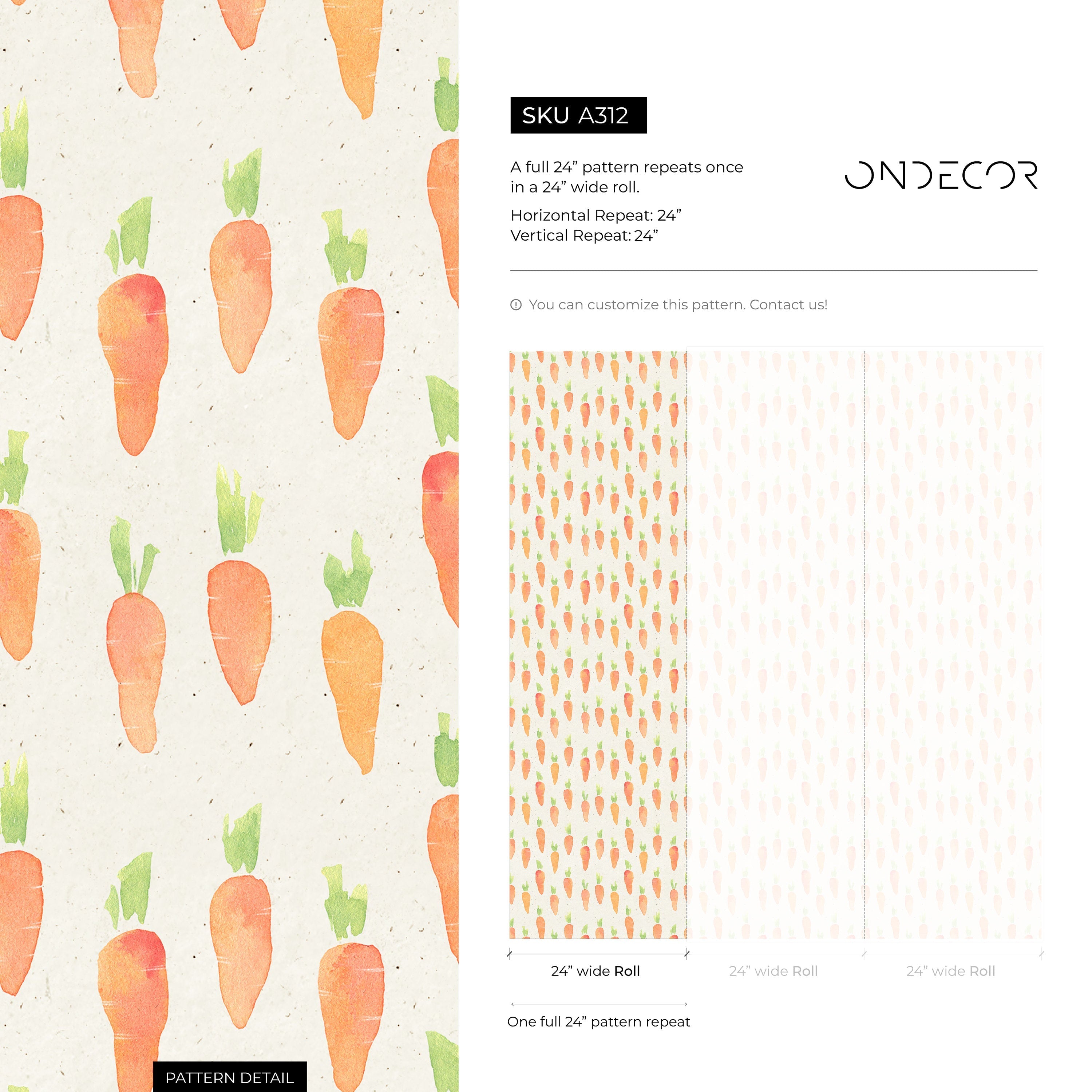 Kids Wallpaper With A Watercolor Carrot Pattern In Orange And Green - A312