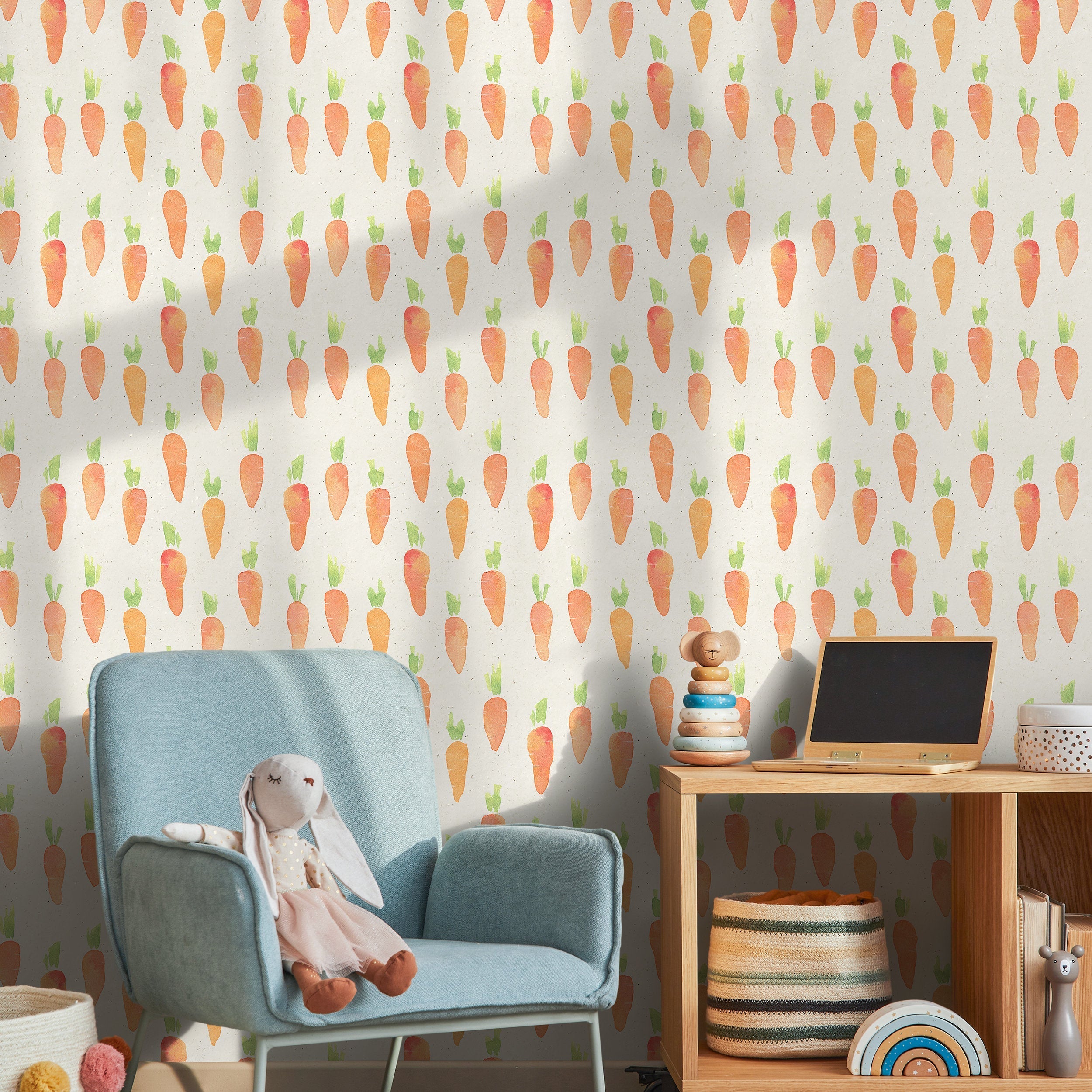 Kids Wallpaper With A Watercolor Carrot Pattern In Orange And Green - A312