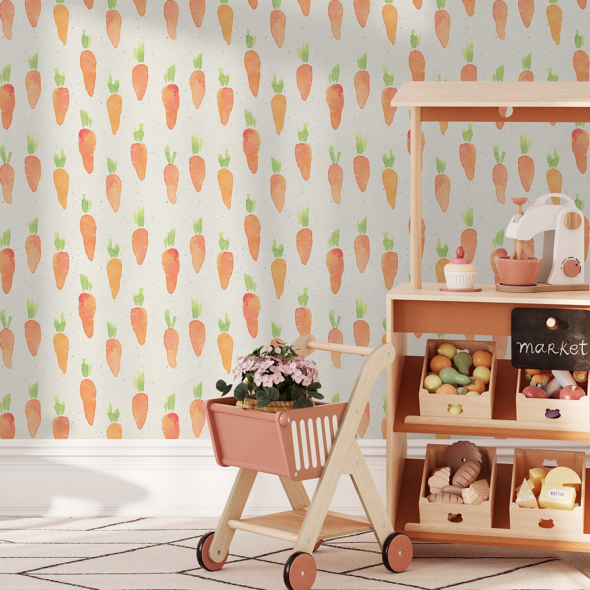 Kids Wallpaper With A Watercolor Carrot Pattern In Orange And Green - A312