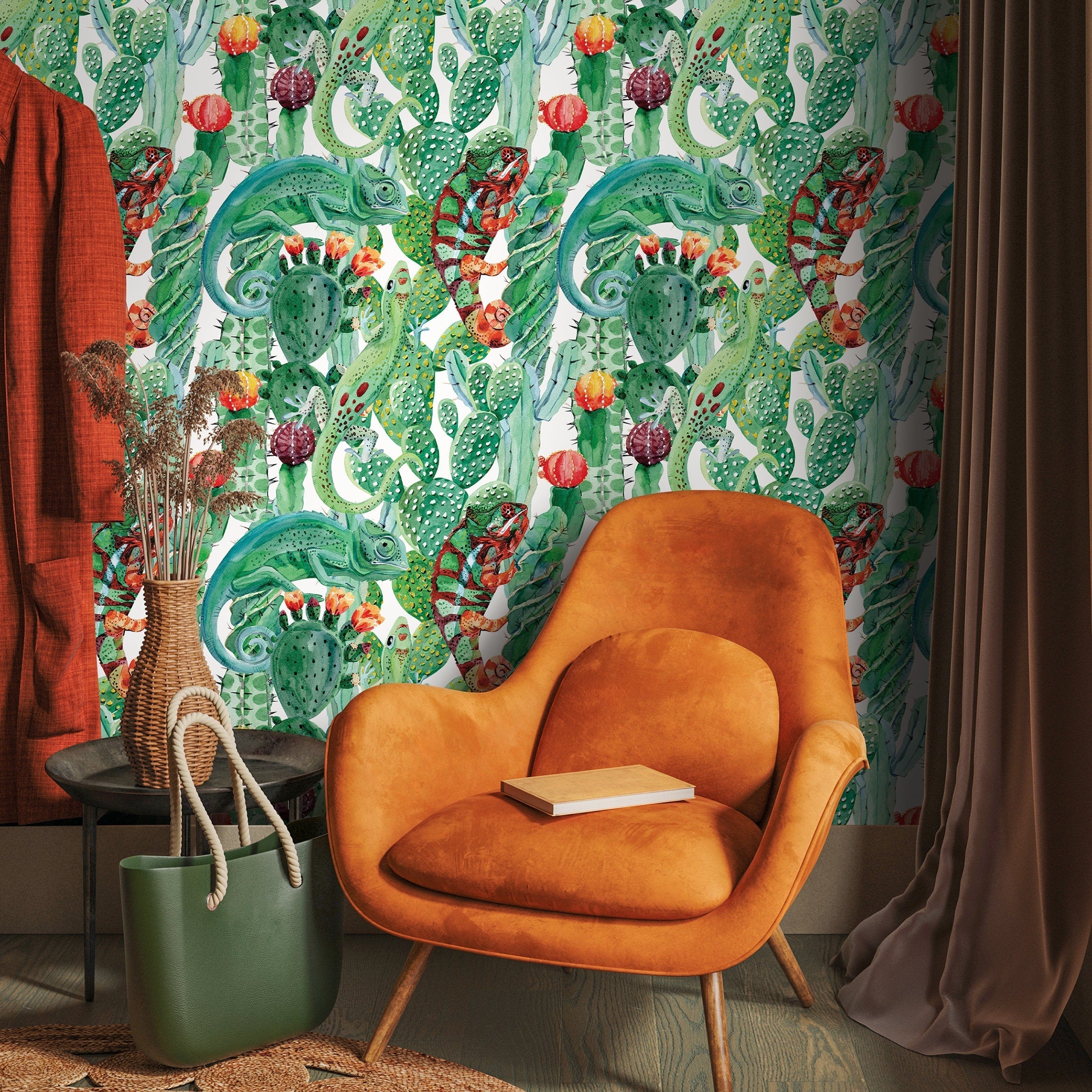 Tropical Wallpaper Featuring Chameleons And Cacti In Green, Orange, And Red - A315