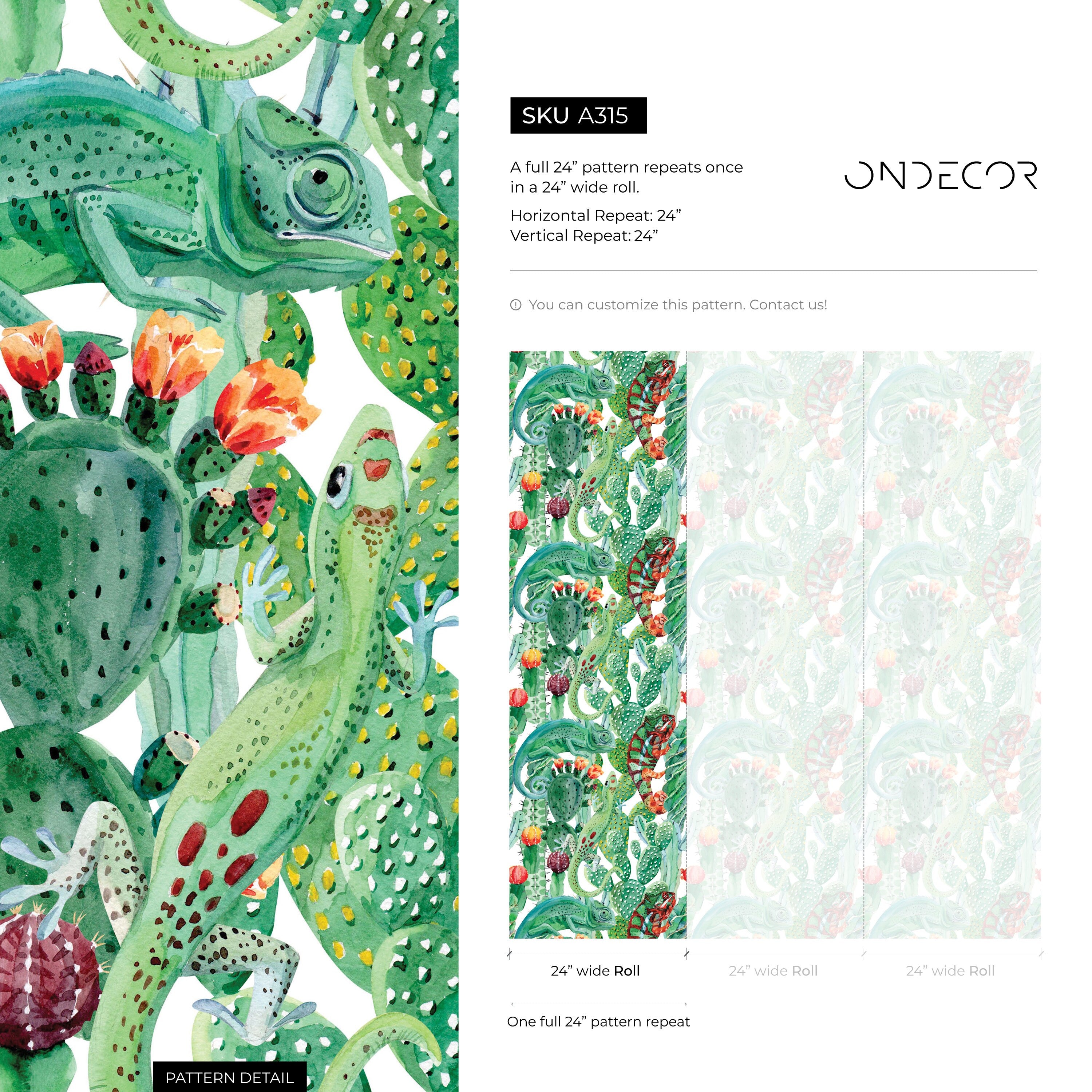 Tropical Wallpaper Featuring Chameleons And Cacti In Green, Orange, And Red - A315