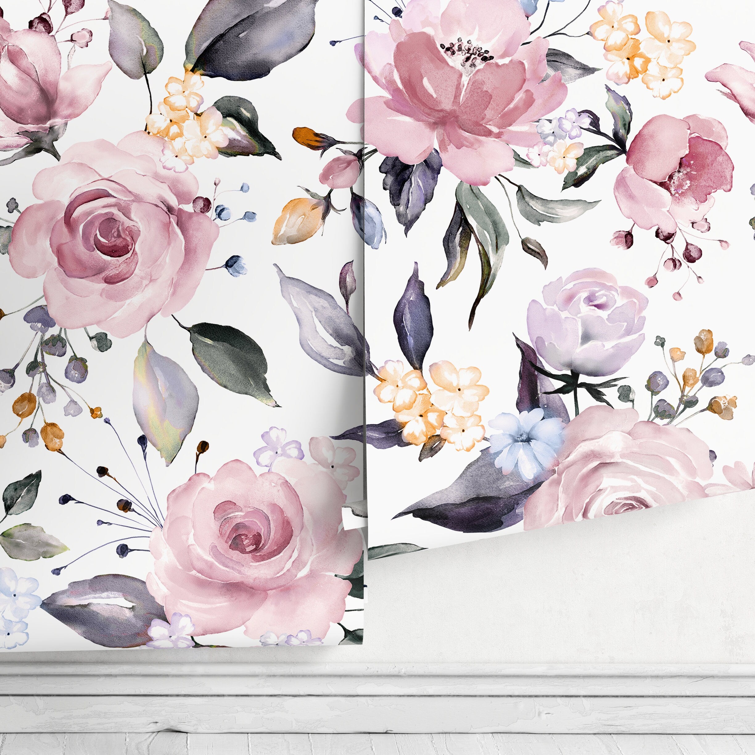Floral Wallpaper Featuring A Watercolor Bouquet In Pink, Blue, And Grey - A317