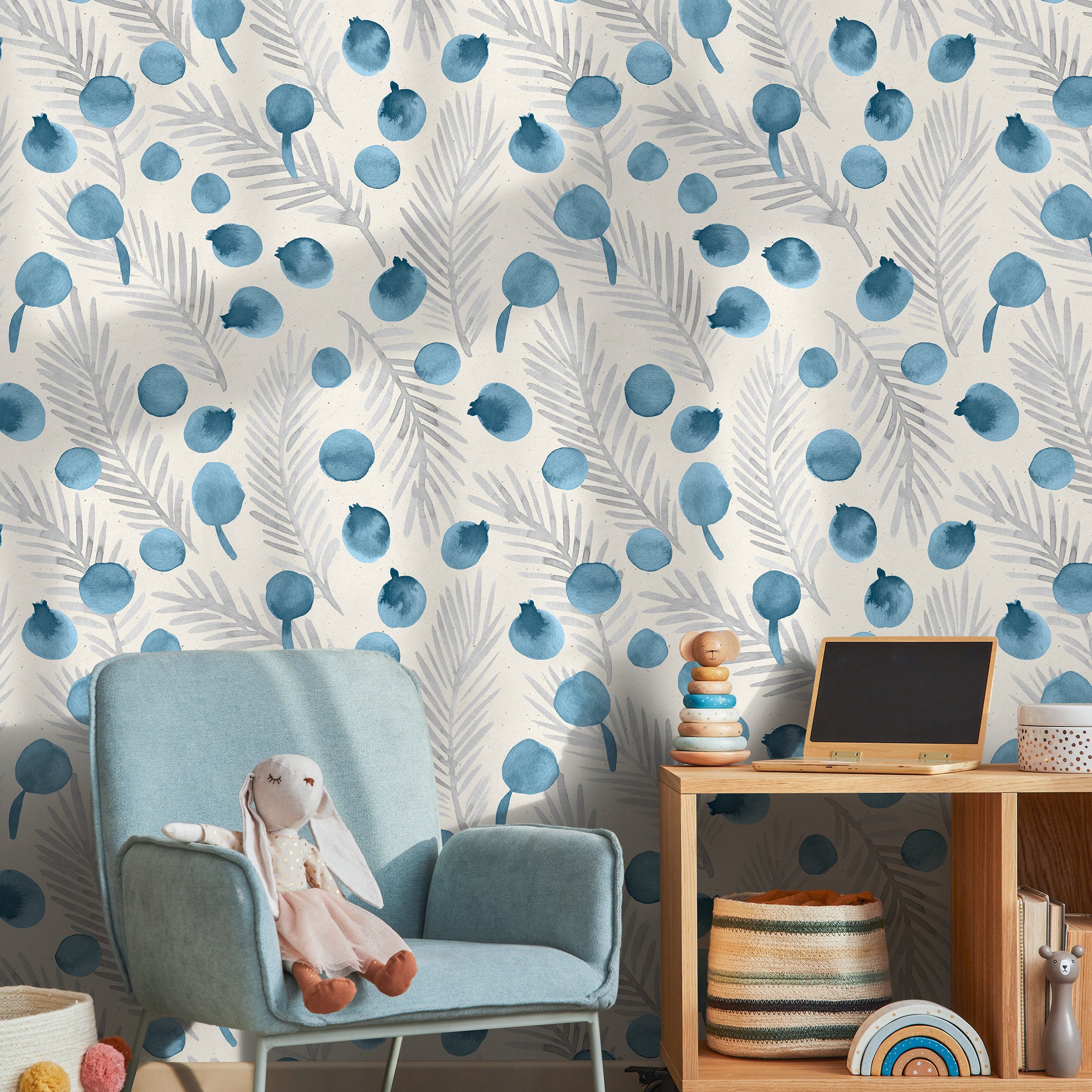 Botanical Wallpaper With Watercolor Berries And Leaves In Blue And Gray - A320