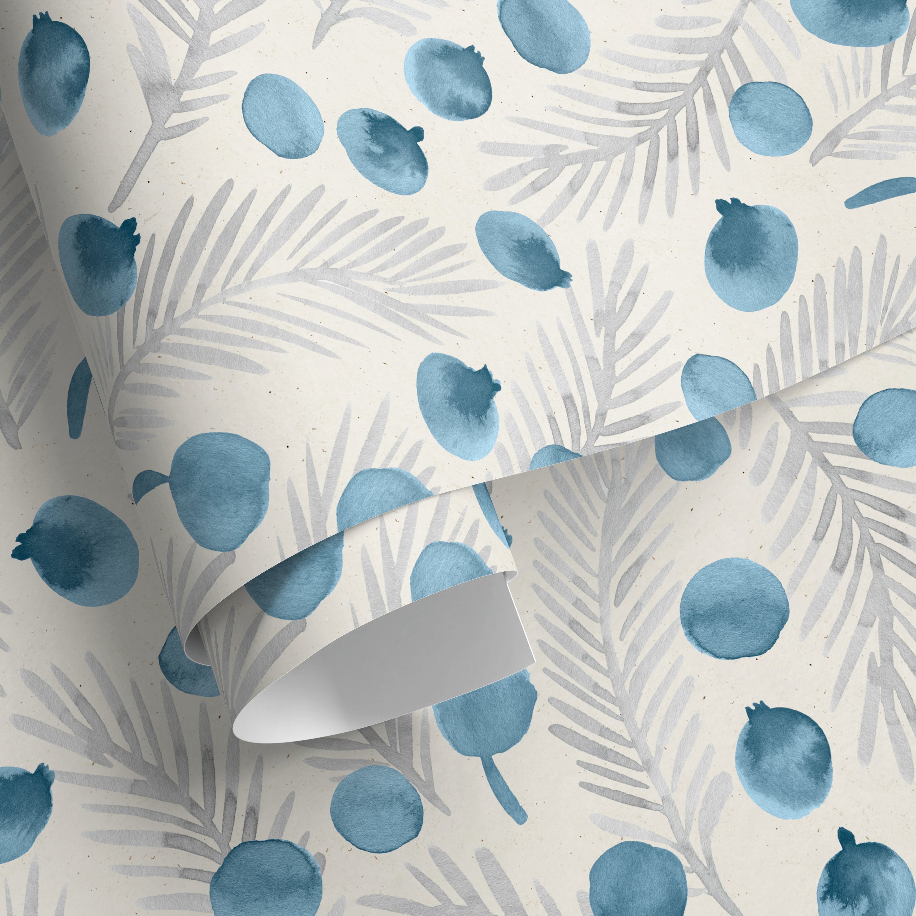 Botanical Wallpaper With Watercolor Berries And Leaves In Blue And Gray - A320