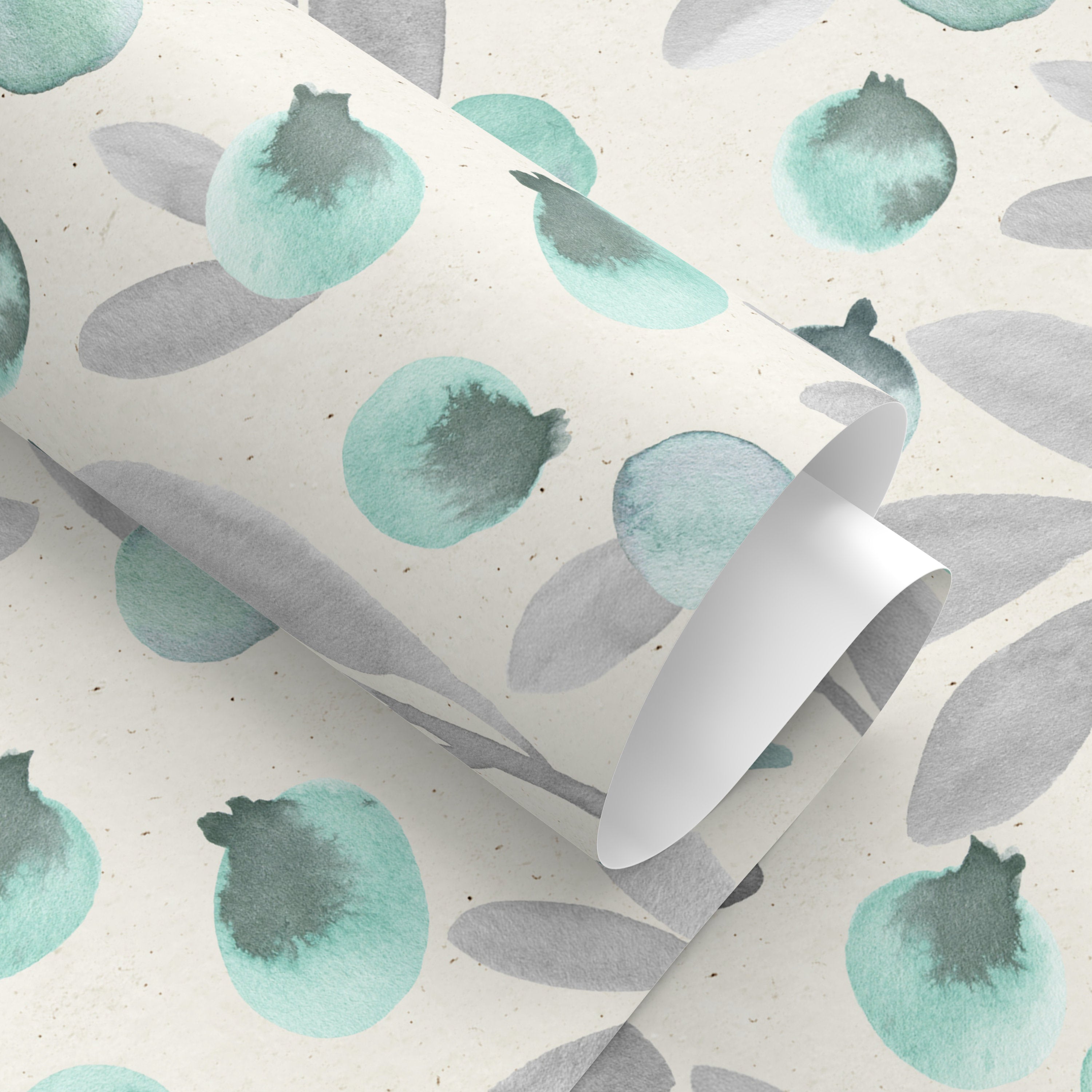 Botanical Wallpaper With A Watercolor Berry Motif In Mint Green And Gray - A321