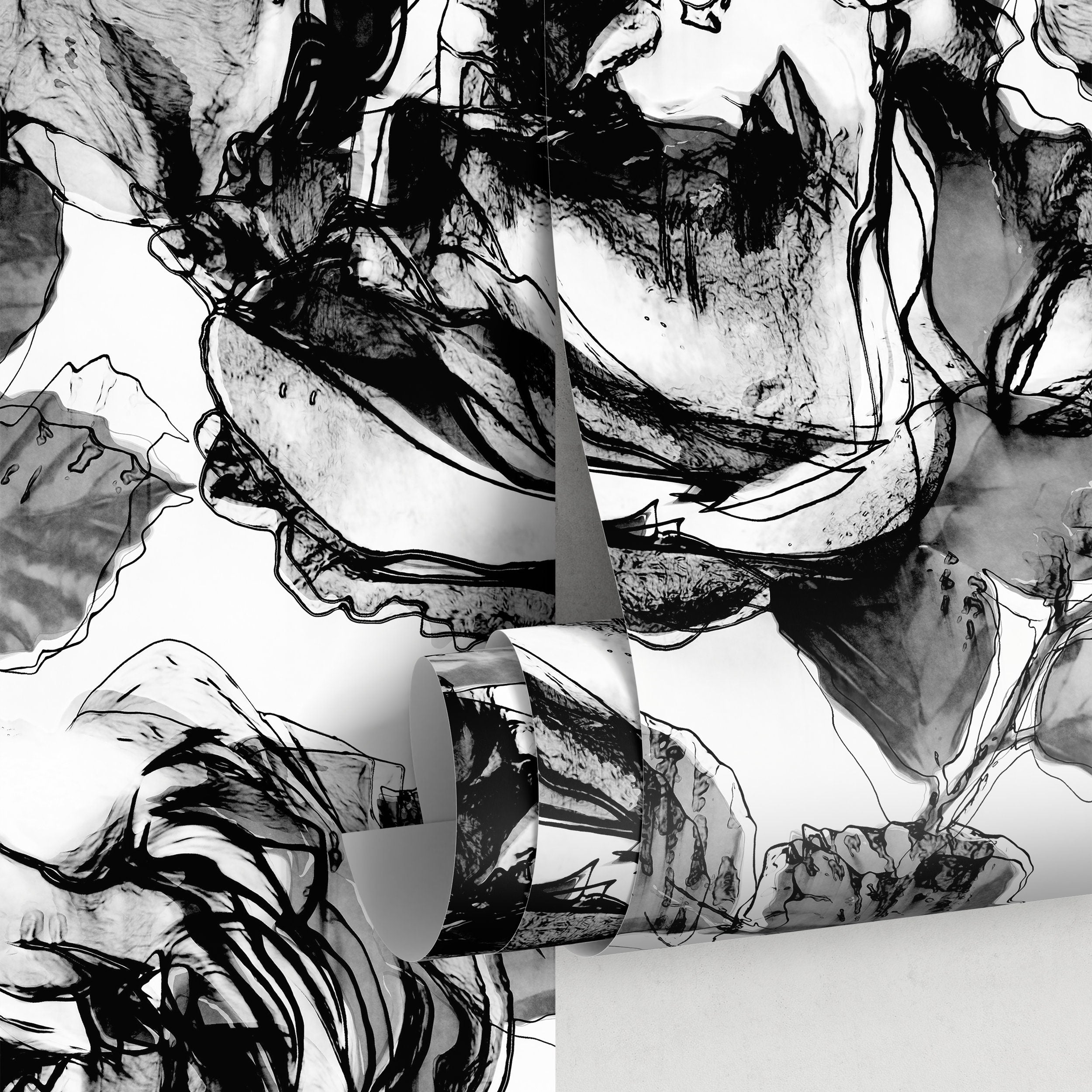 Floral Wallpaper With Abstract Sketched Roses In Black, White, And Gray - A403
