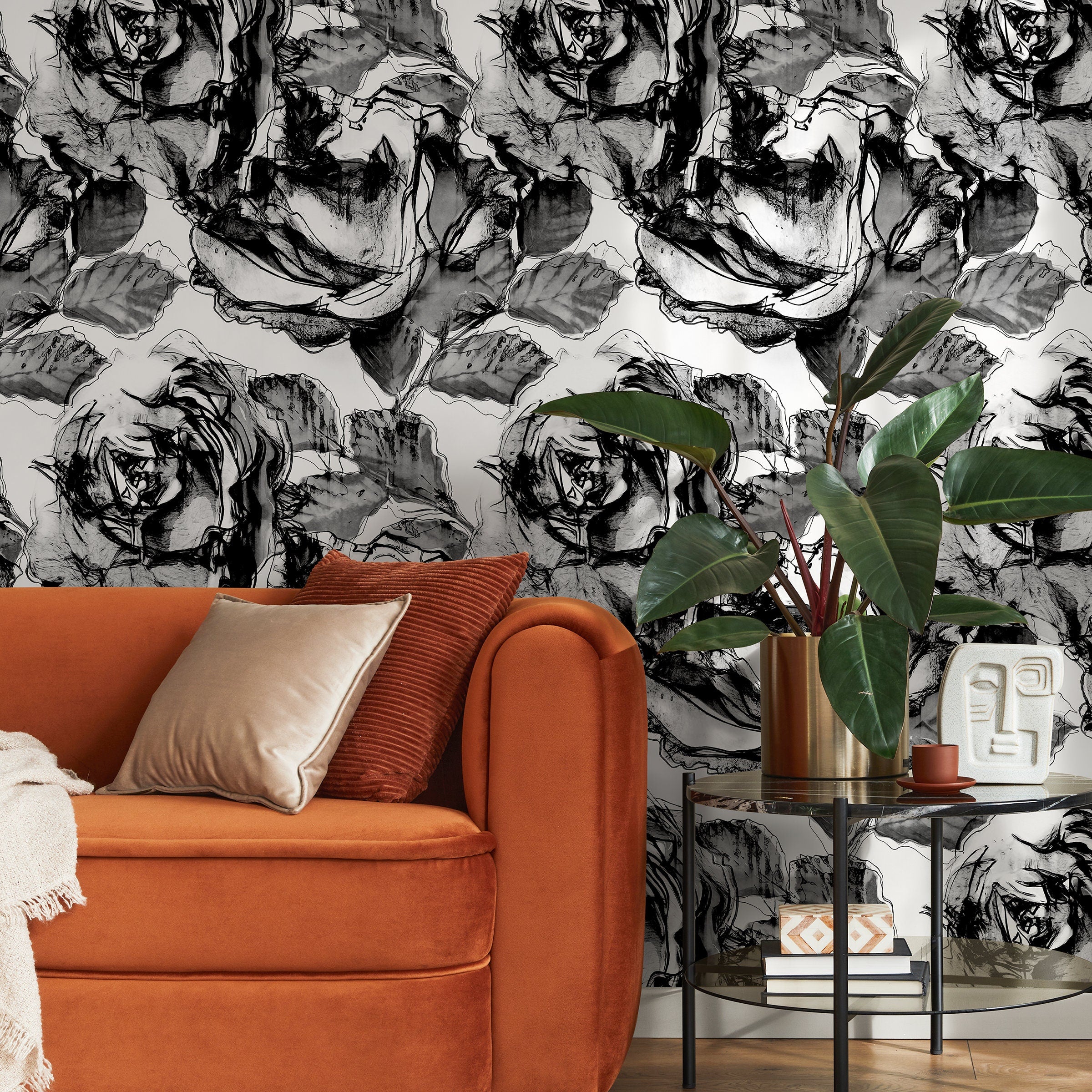 Floral Wallpaper With Abstract Sketched Roses In Black, White, And Gray - A403