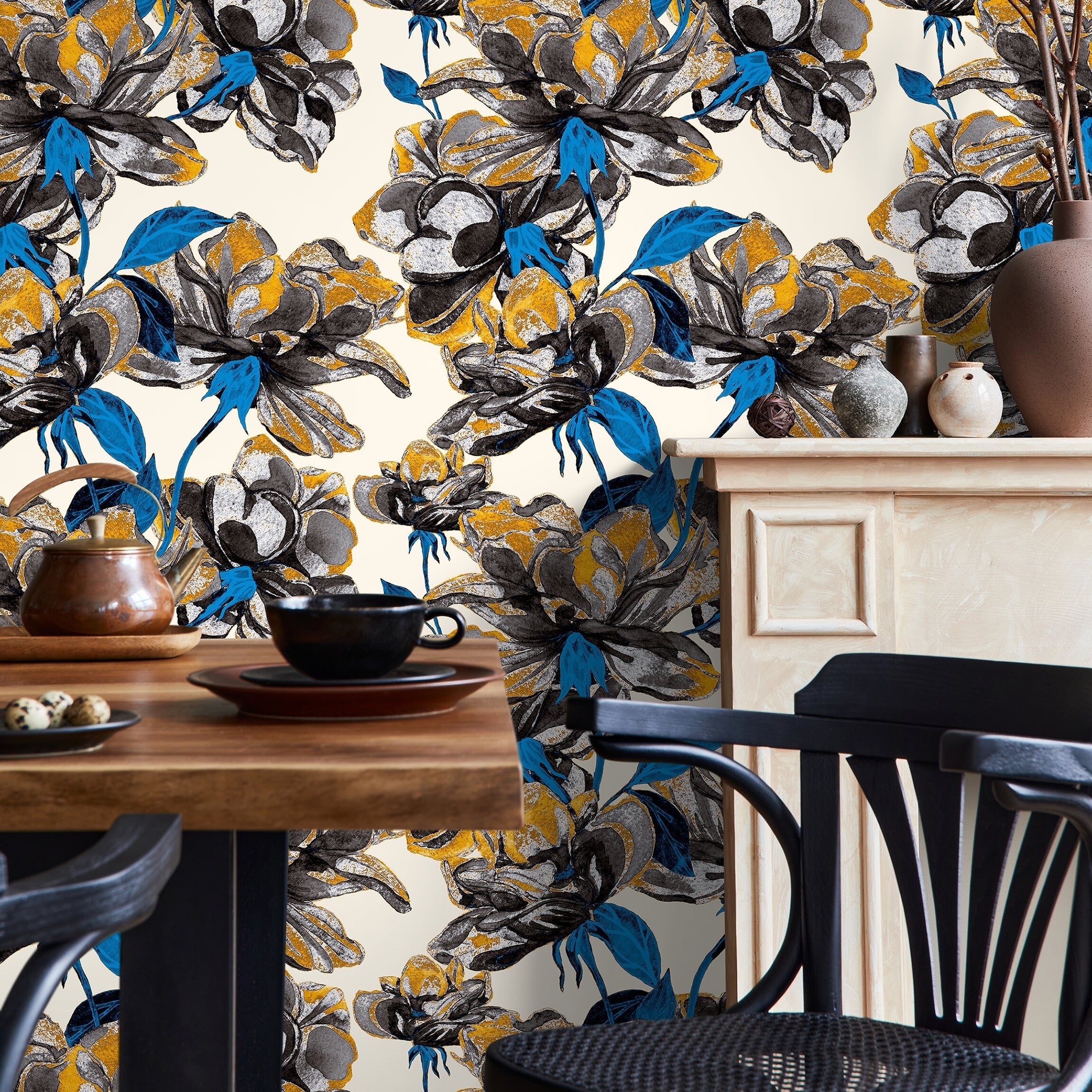 Floral Wallpaper With Stylized Blooms In Black, Yellow, And Blue - A410