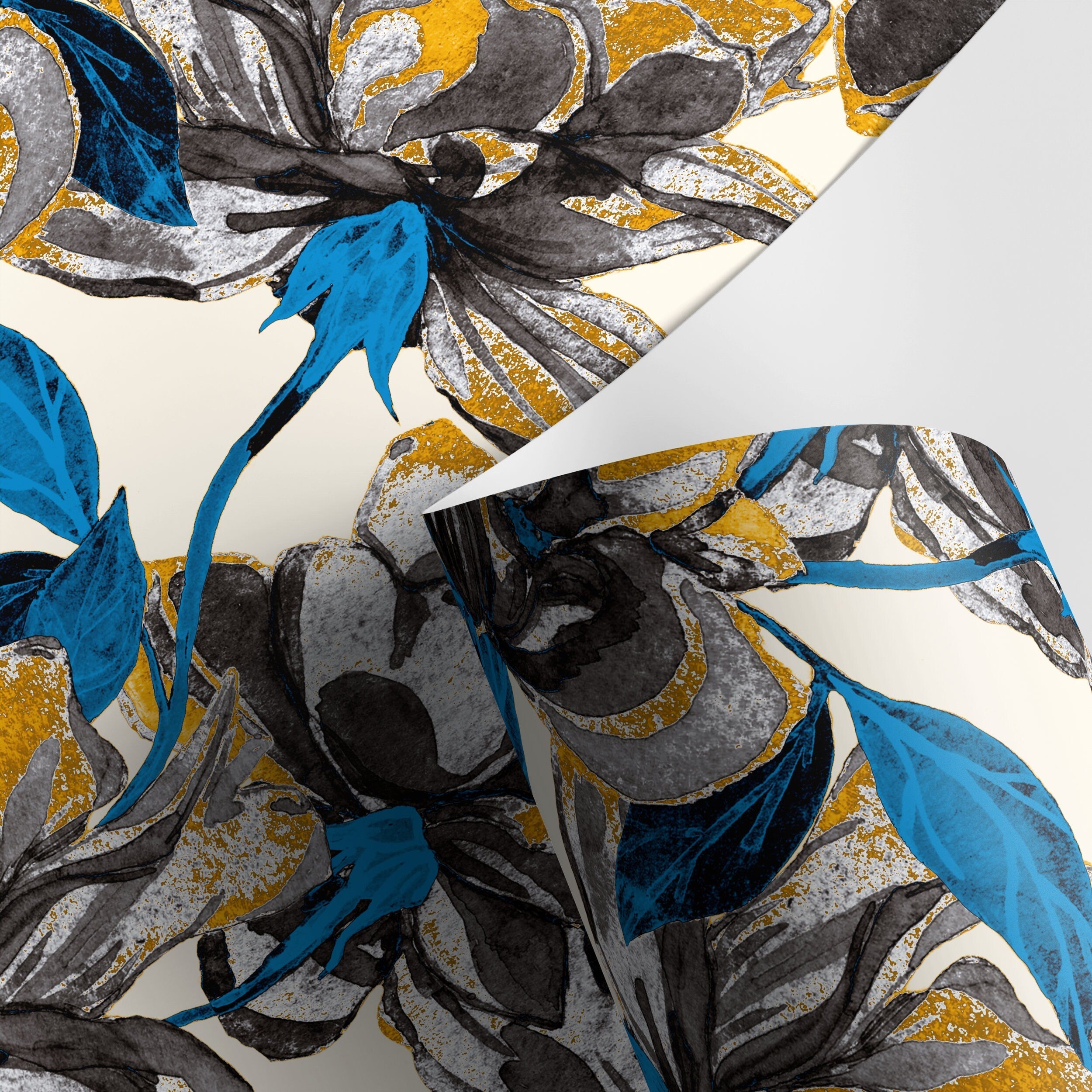 Floral Wallpaper With Stylized Blooms In Black, Yellow, And Blue - A410