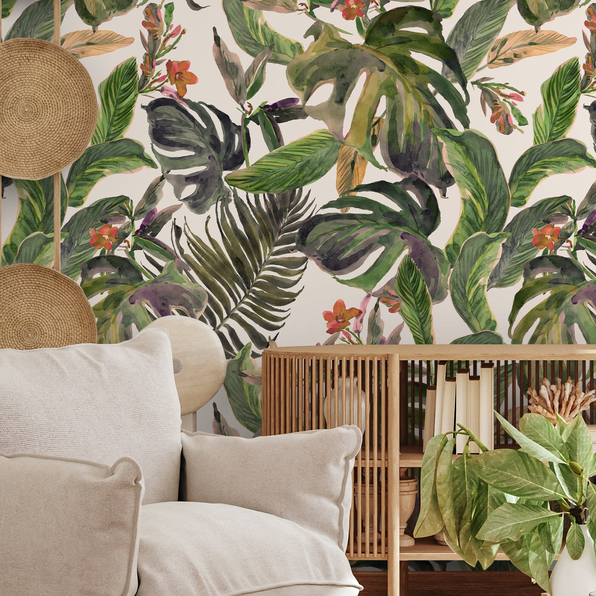 Botanical Wallpaper With Watercolor Monstera Leaves In Green, Purple, And Red - A487