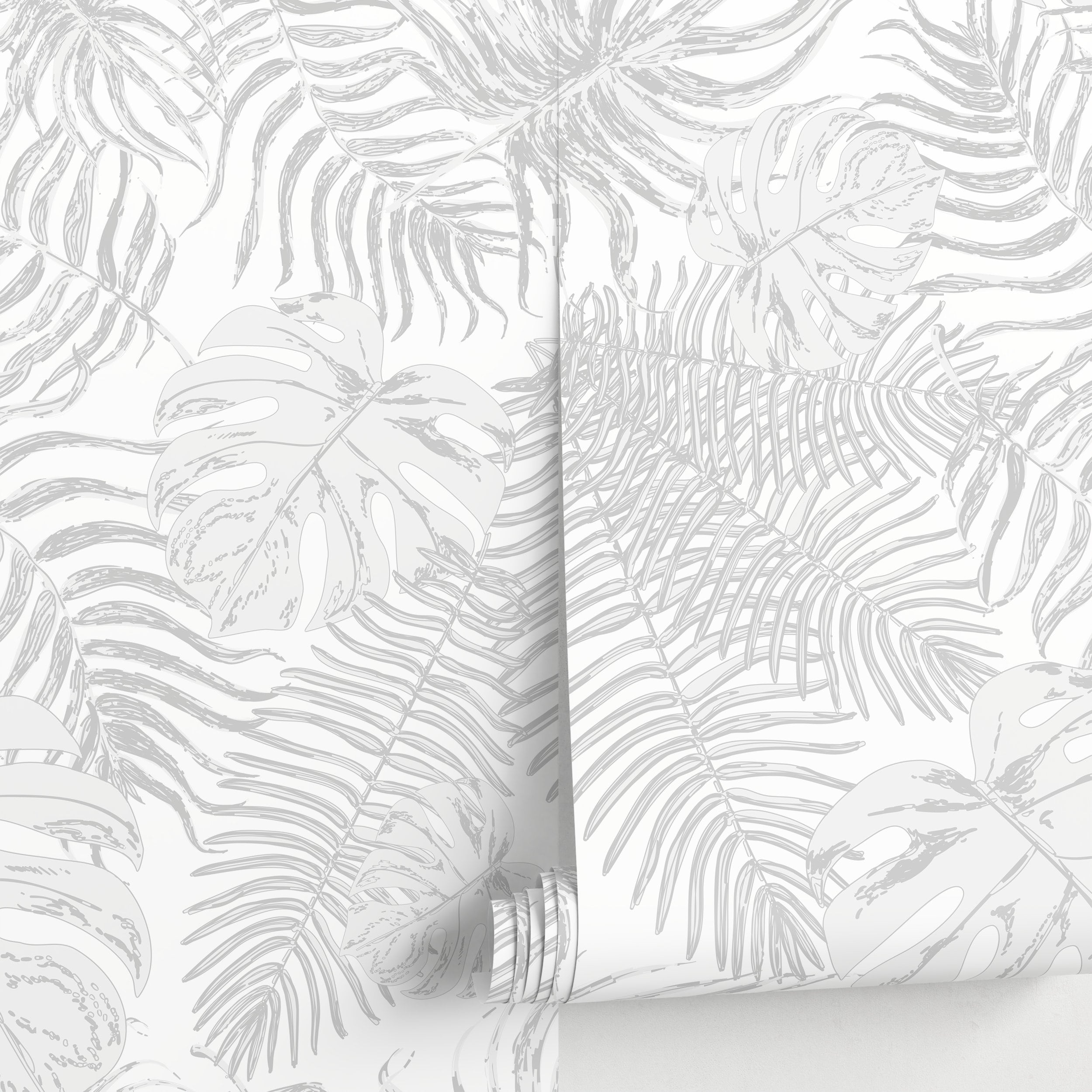 Tropical Wallpaper With Layered Palm And Monstera Leaves In Grey - A561