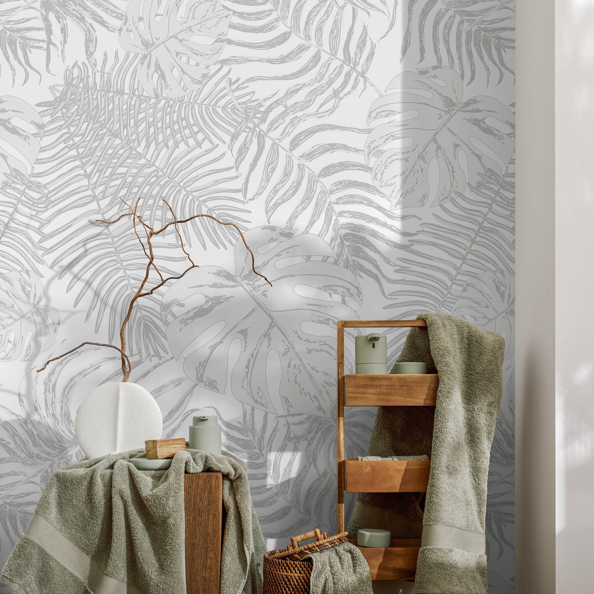 Tropical Wallpaper With Layered Palm And Monstera Leaves In Grey - A561