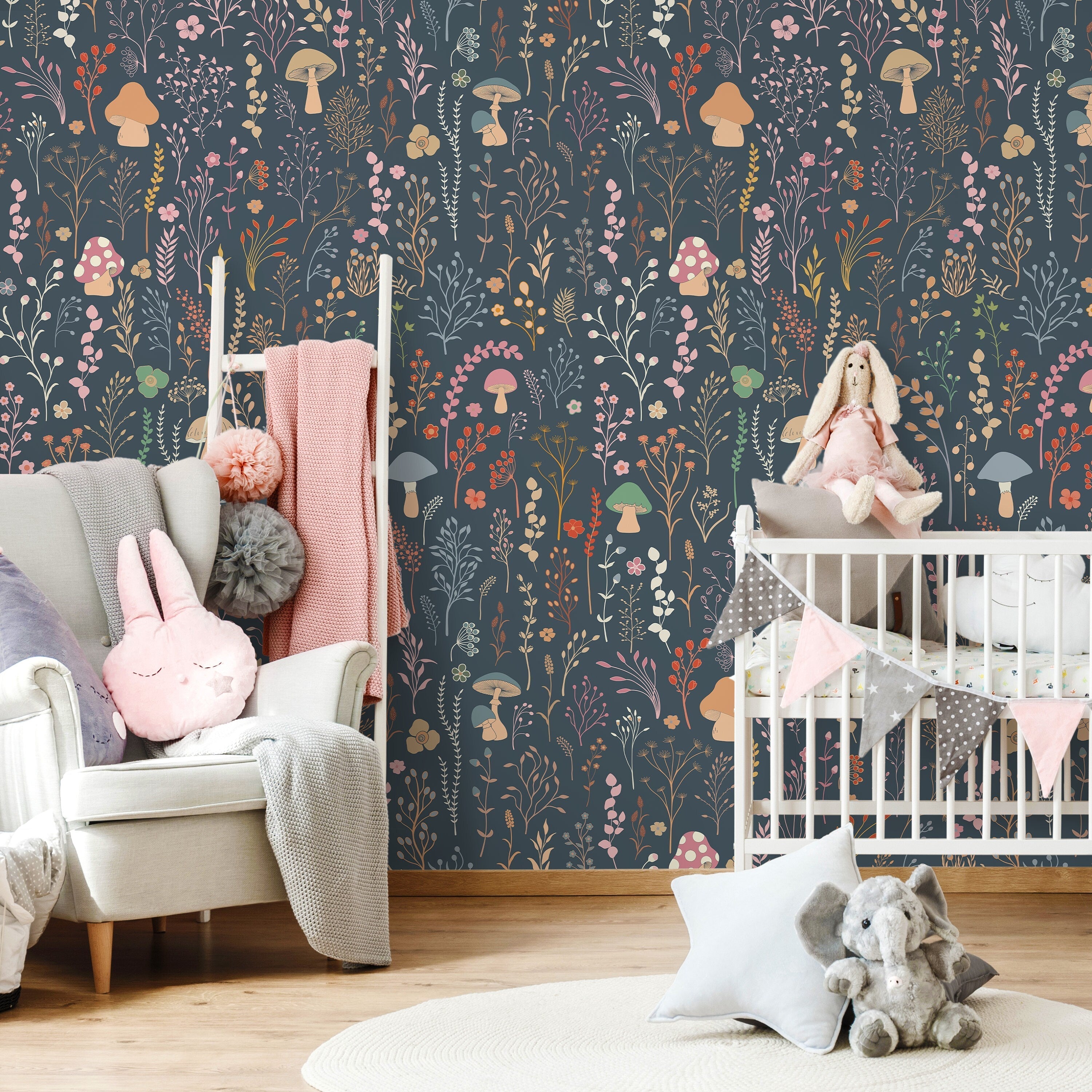 Botanical Wallpaper Featuring Mushrooms And Wildflowers In Pink And Orange - D910