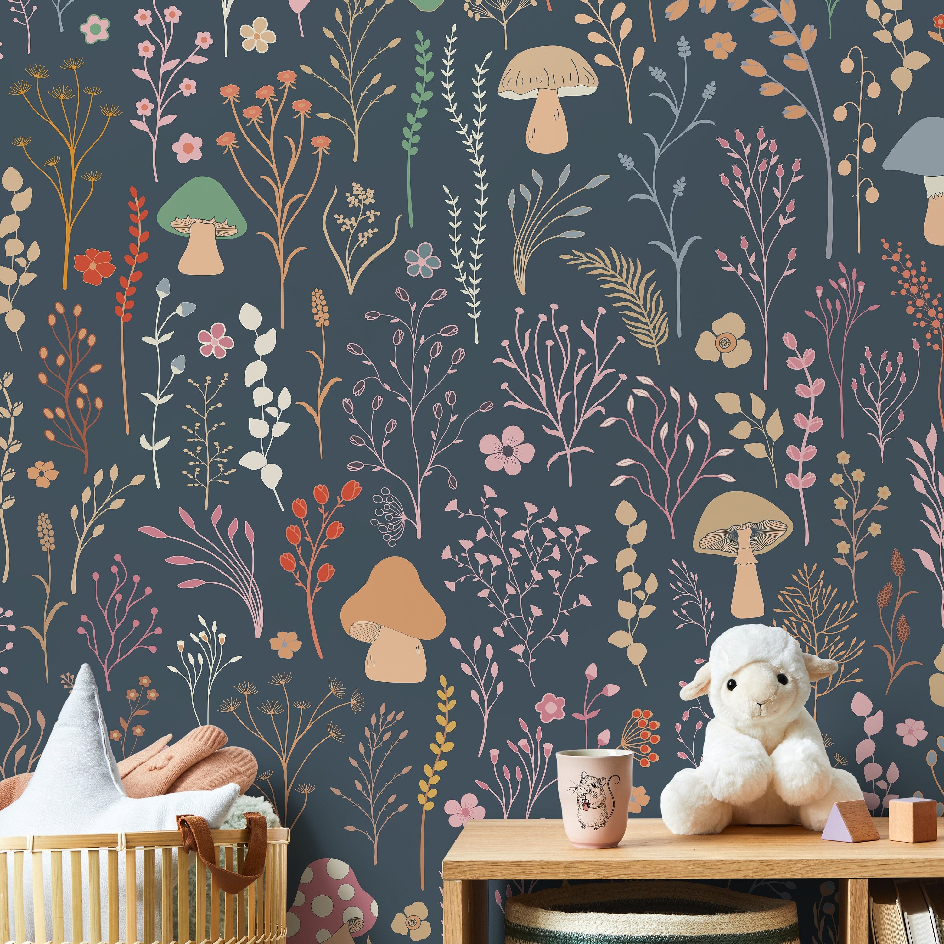 Botanical Wallpaper Featuring Mushrooms And Wildflowers In Pink And Orange - D910