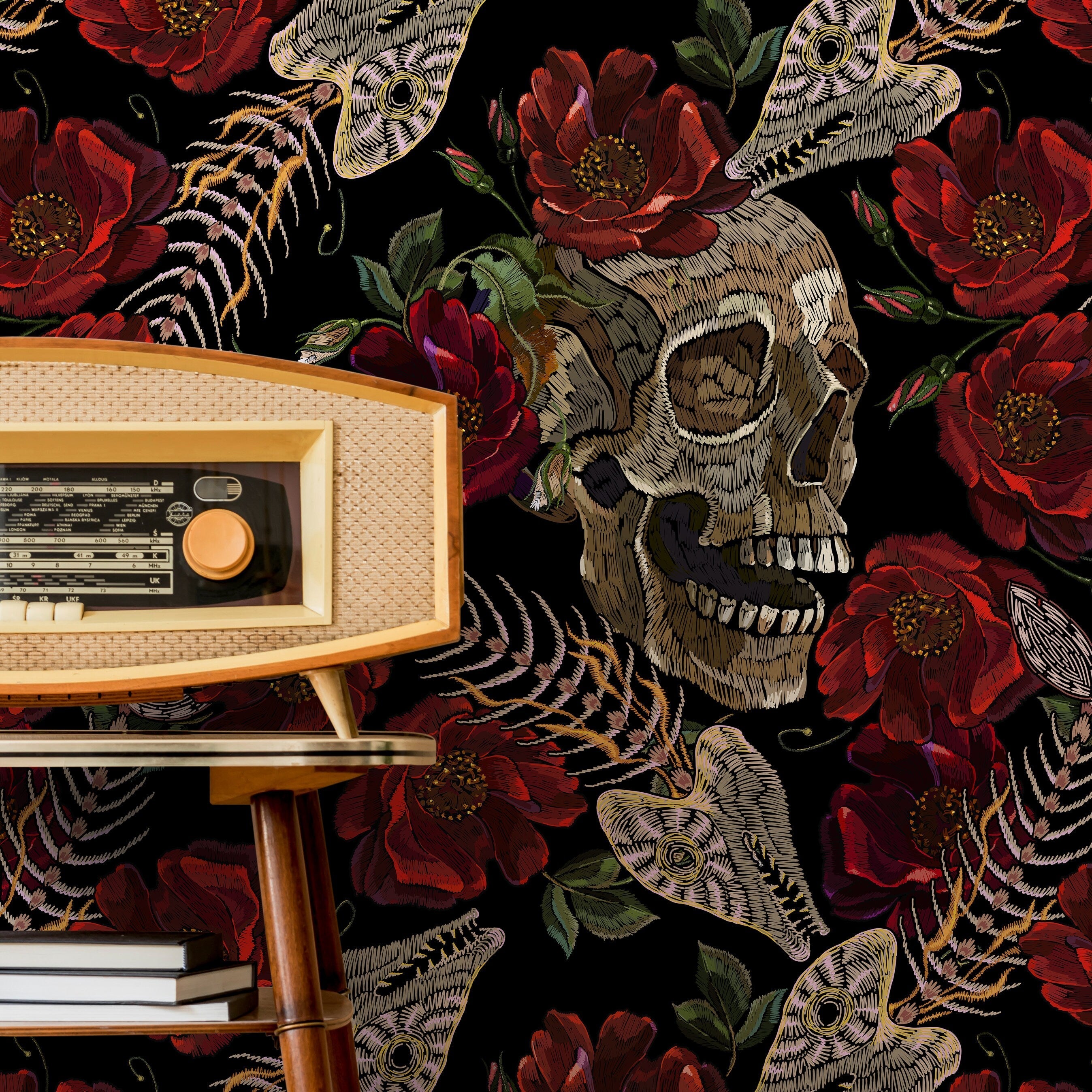 Gothic Wallpaper Featuring Embroidered Skulls And Roses In Red And Brown - D914