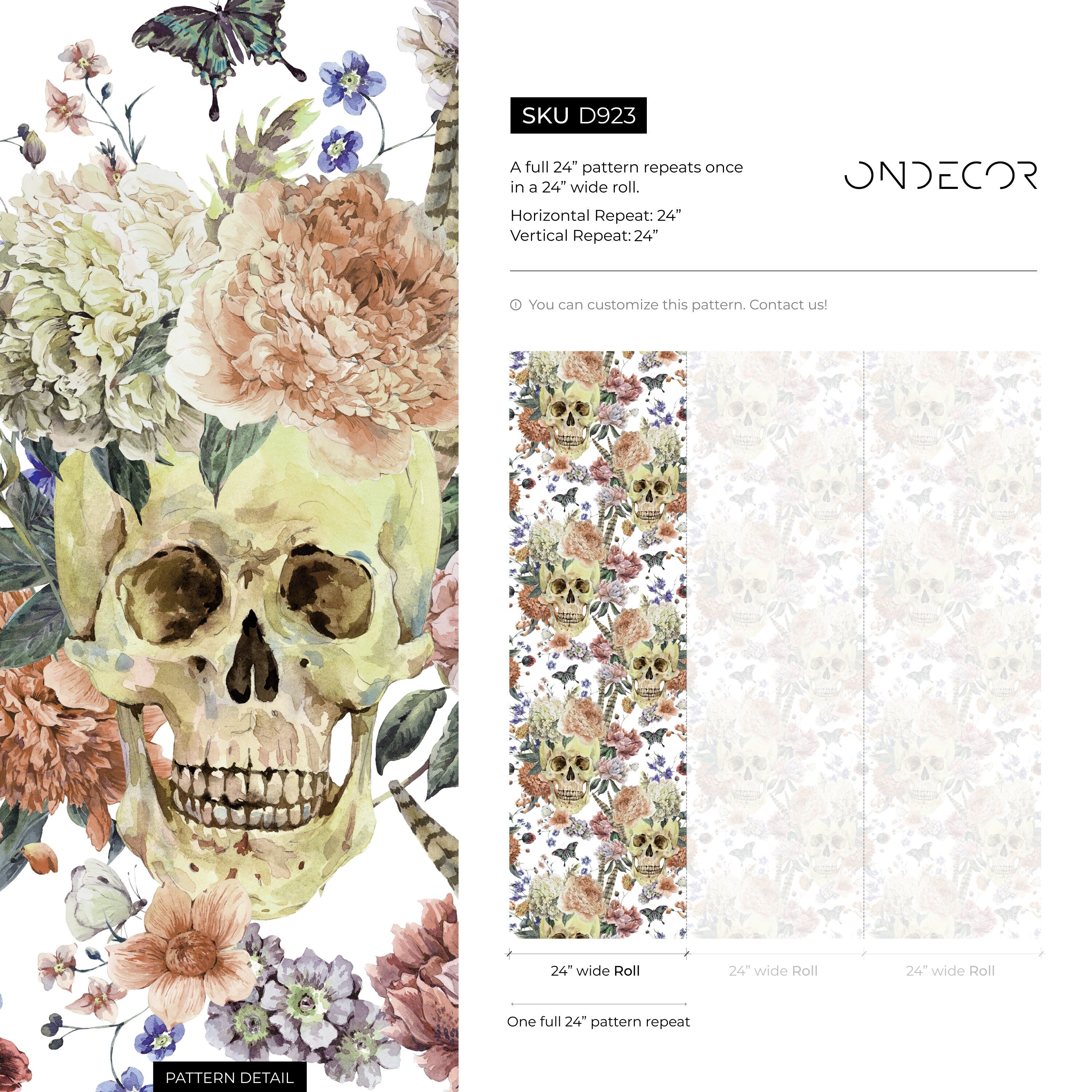 Floral Wallpaper With A Gothic Skull Motif In Peach, Purple, And Tan - D923
