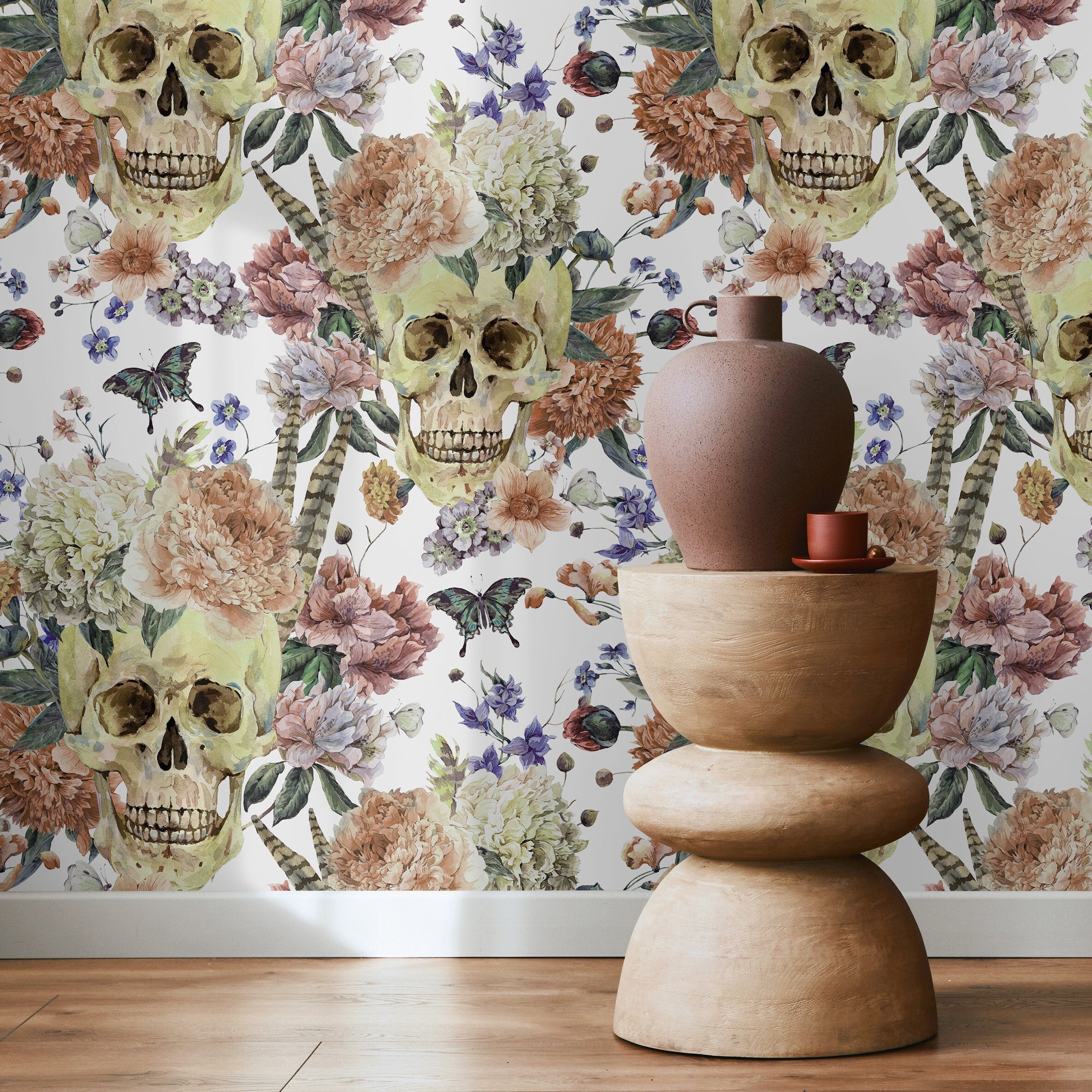 Floral Wallpaper With A Gothic Skull Motif In Peach, Purple, And Tan - D923