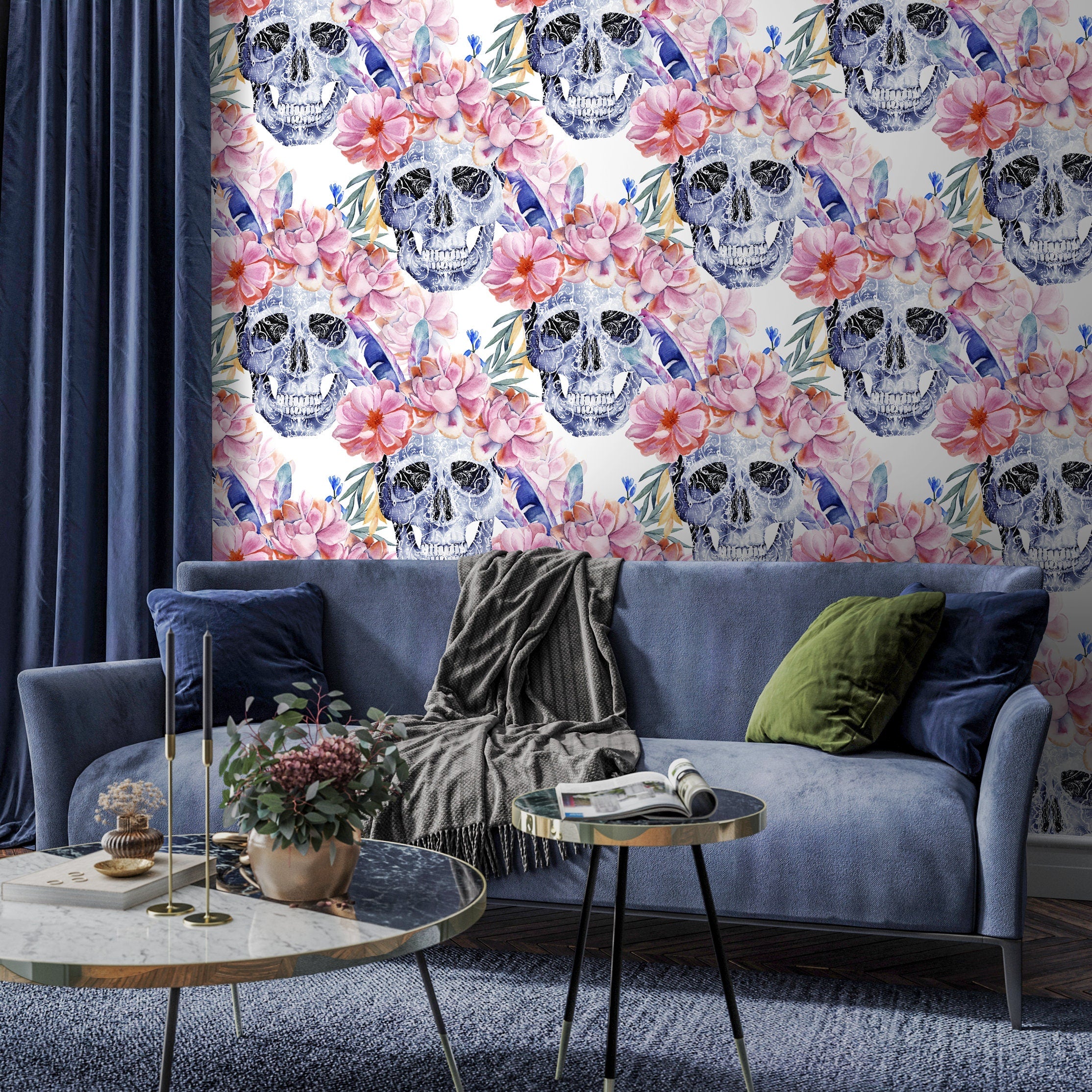 Floral Wallpaper With Ornamental Skulls In Blue, Pink, And Orange - D924