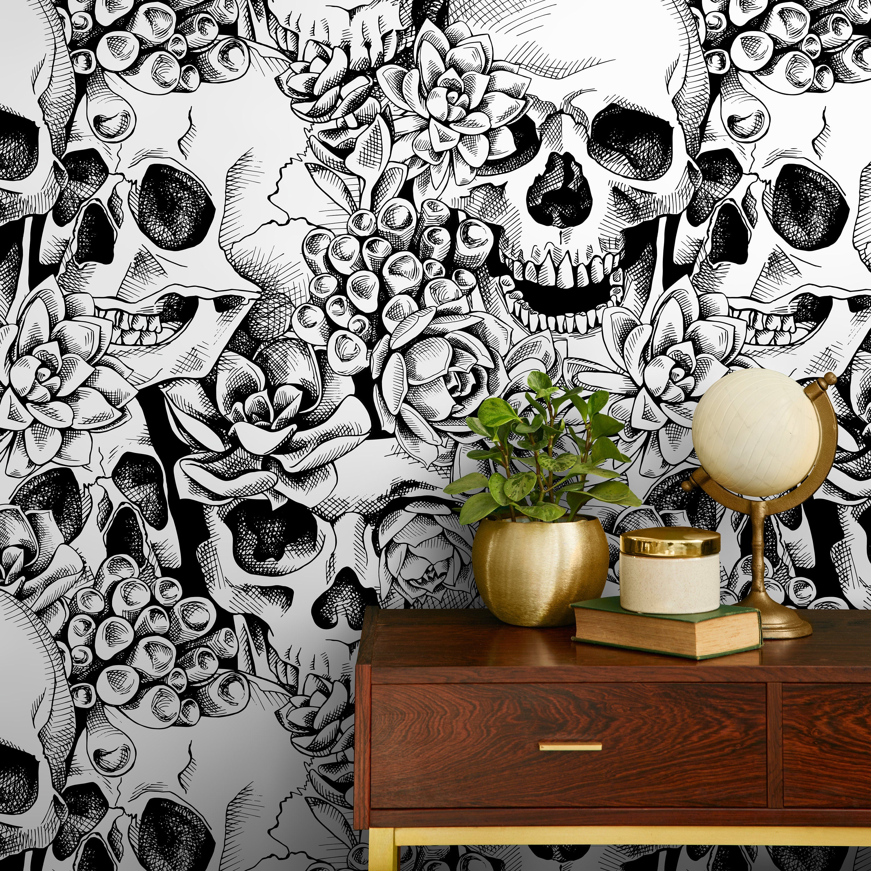 Gothic Wallpaper With Skulls And Succulents In Black And White - D866