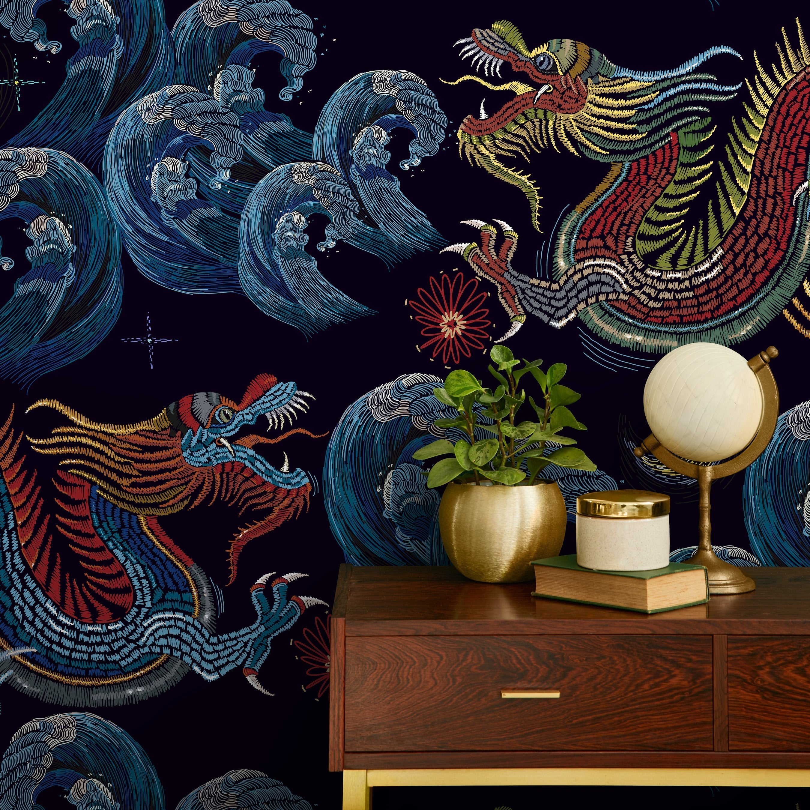 Chinoiserie Wallpaper With An Embroidered Dragon In Red, Blue, And Yellow - D875