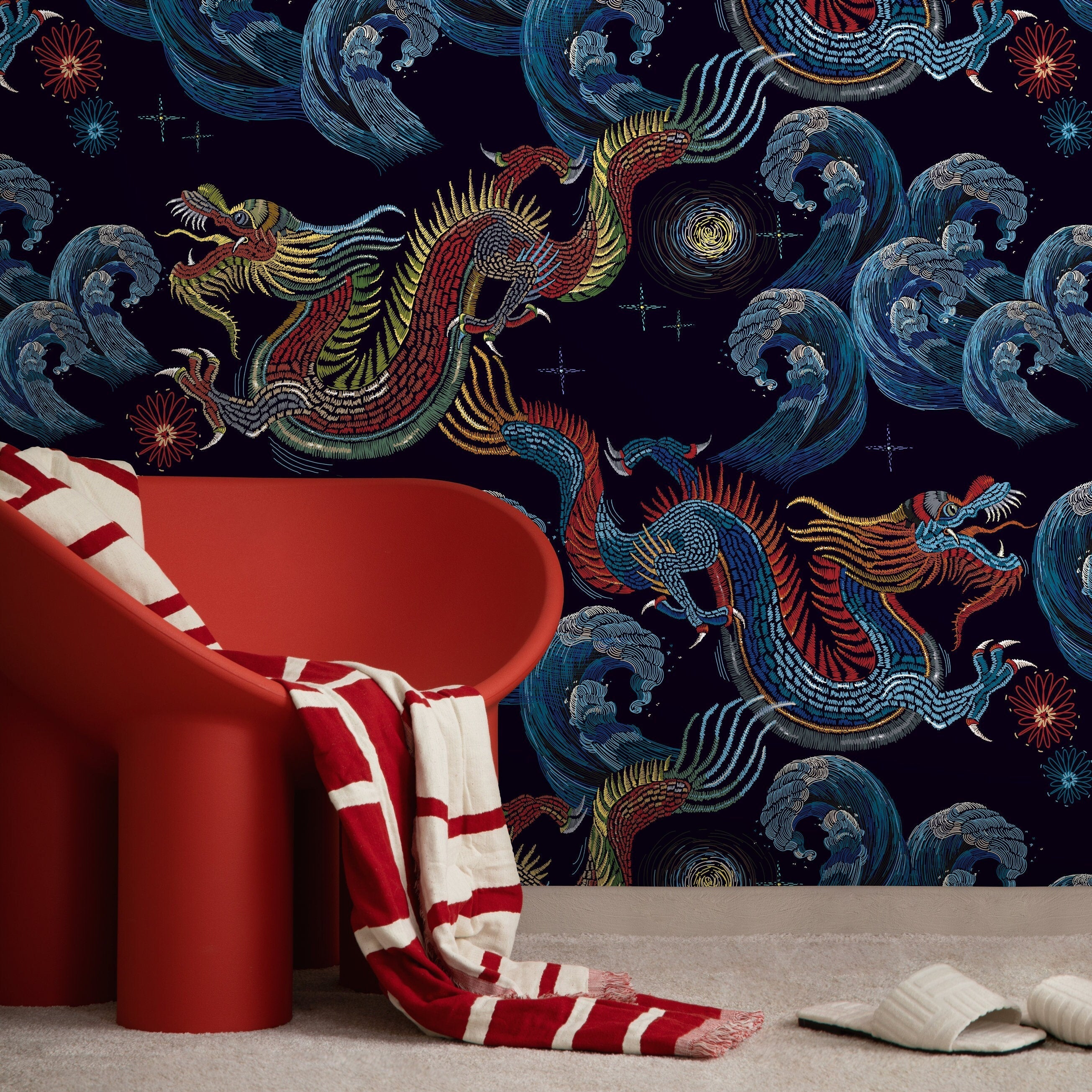 Chinoiserie Wallpaper With An Embroidered Dragon In Red, Blue, And Yellow - D875