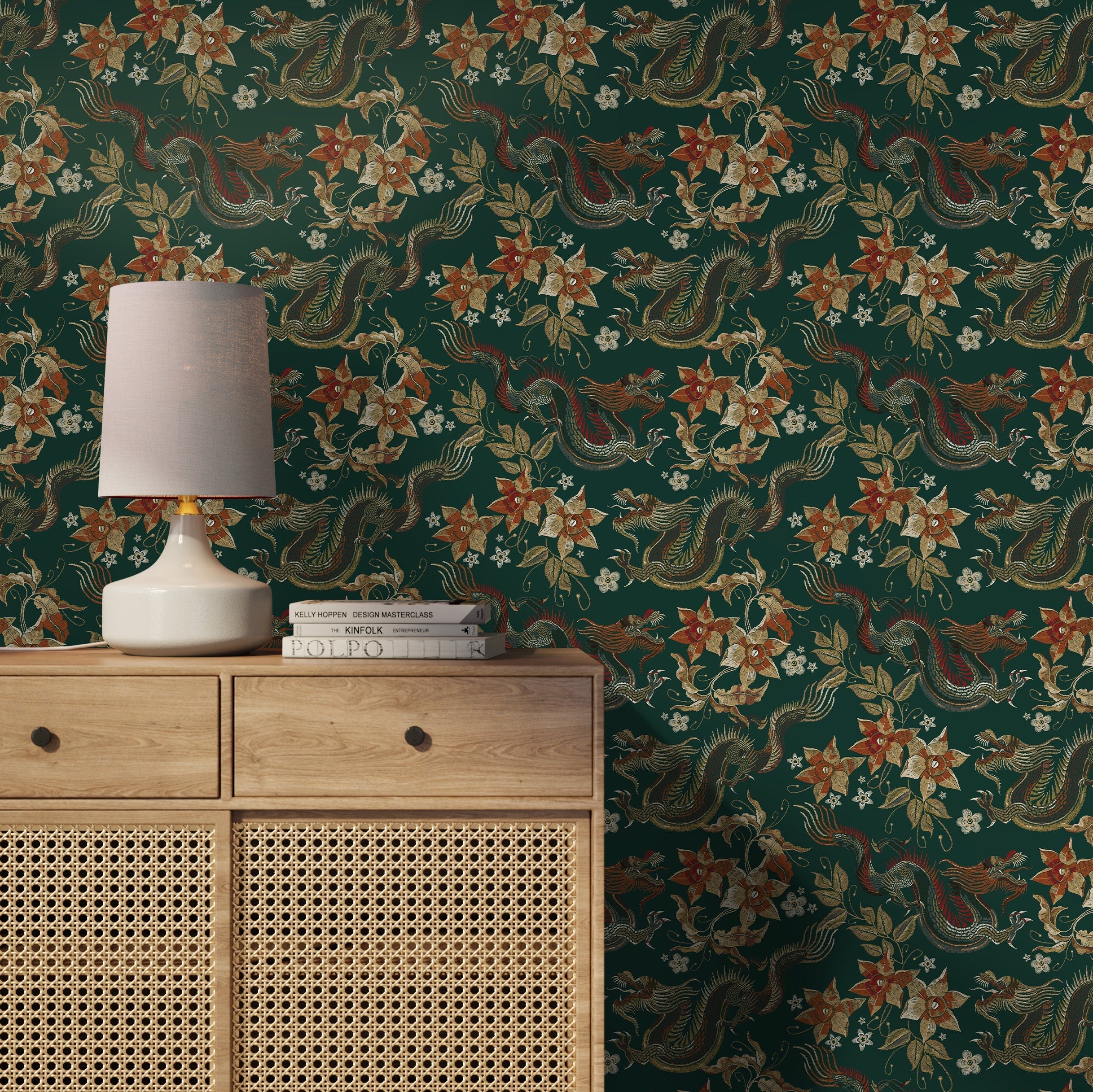 Chinoiserie Wallpaper With An Embroidered Dragon Motif In Green, Gold, And Orange - D873