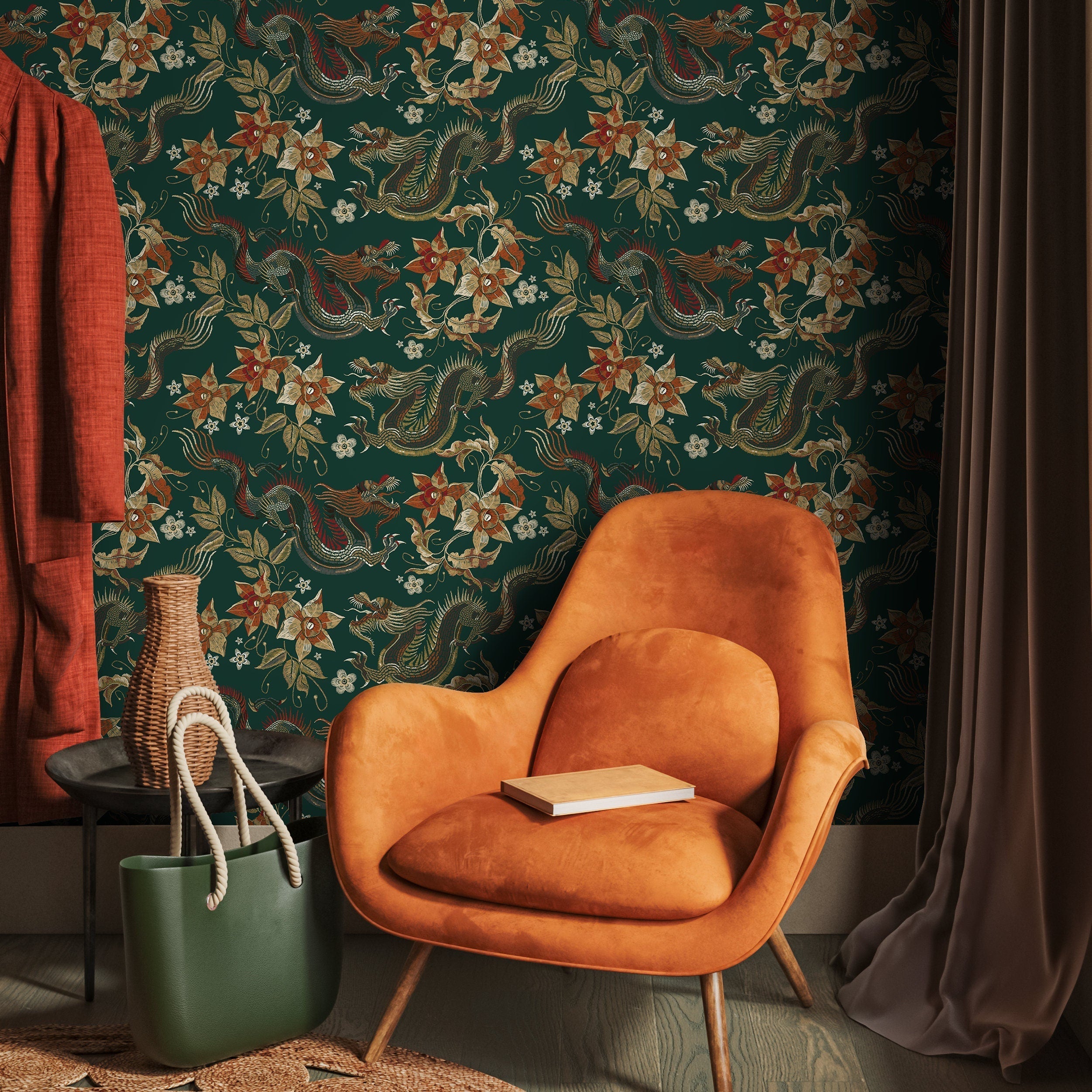 Chinoiserie Wallpaper With An Embroidered Dragon Motif In Green, Gold, And Orange - D873