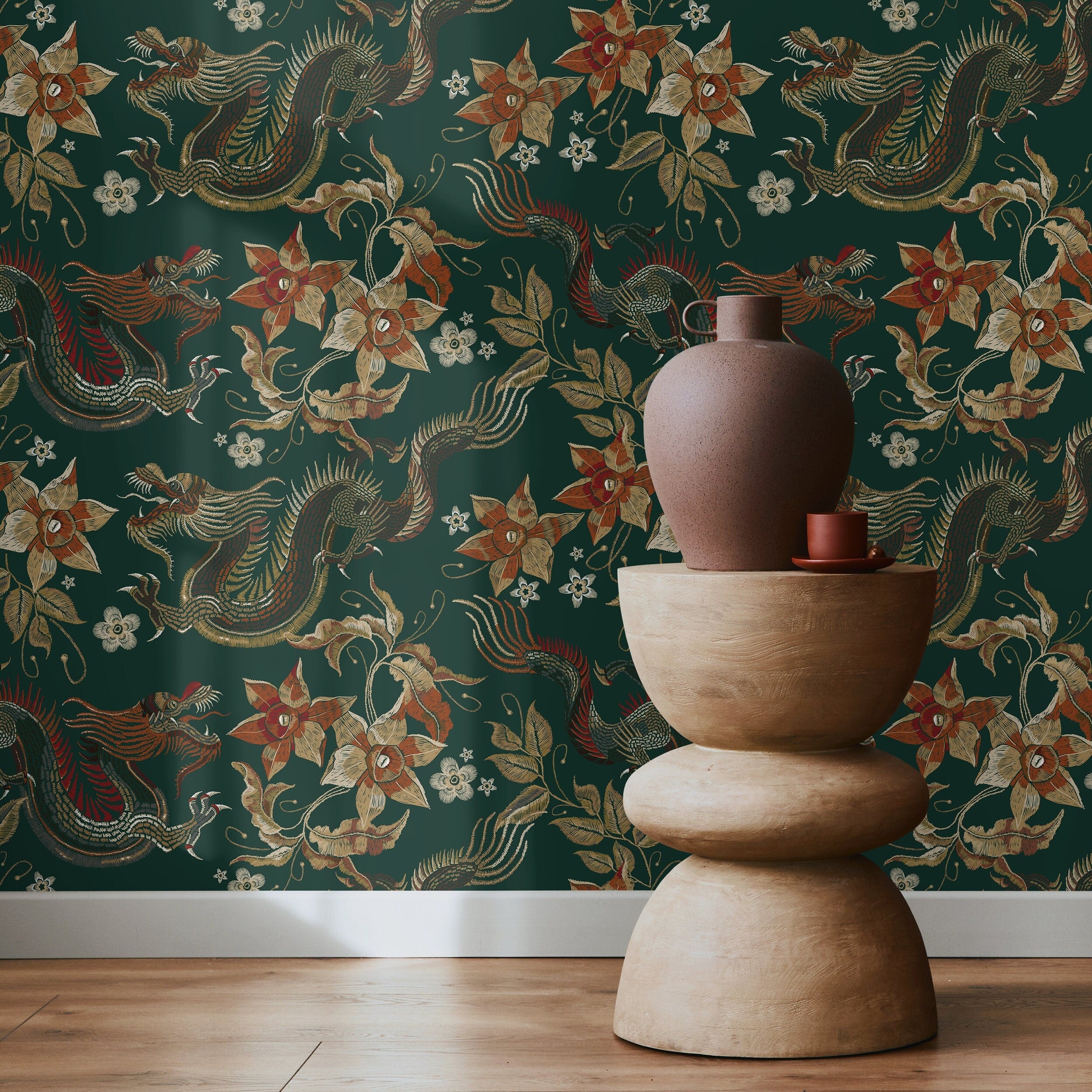 Chinoiserie Wallpaper With An Embroidered Dragon Motif In Green, Gold, And Orange - D873