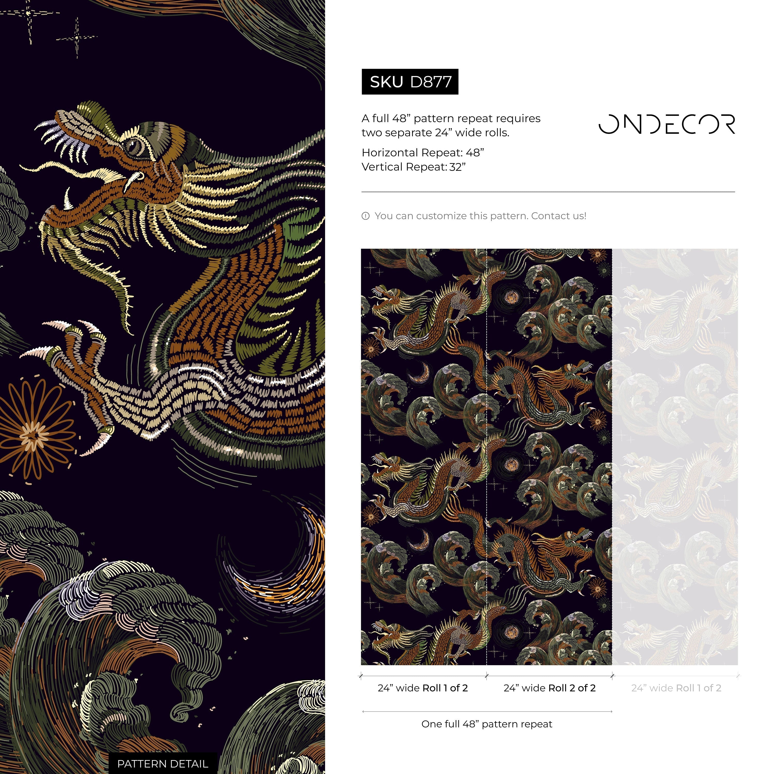 Chinoiserie Wallpaper With An Embroidered Dragon Motif In Black, Orange, And Green - D877