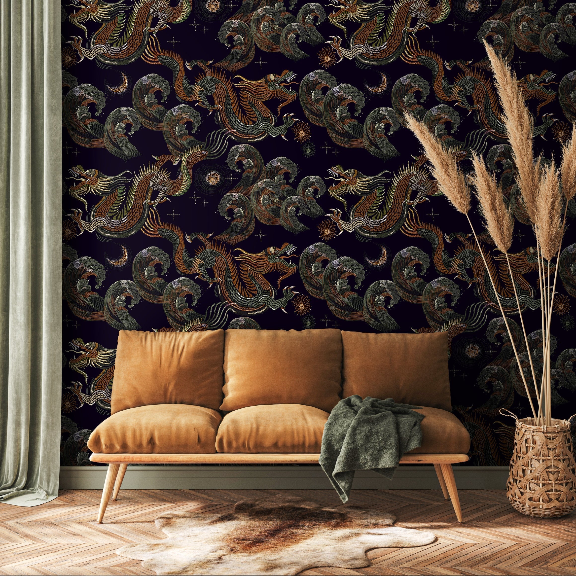 Chinoiserie Wallpaper With An Embroidered Dragon Motif In Black, Orange, And Green - D877