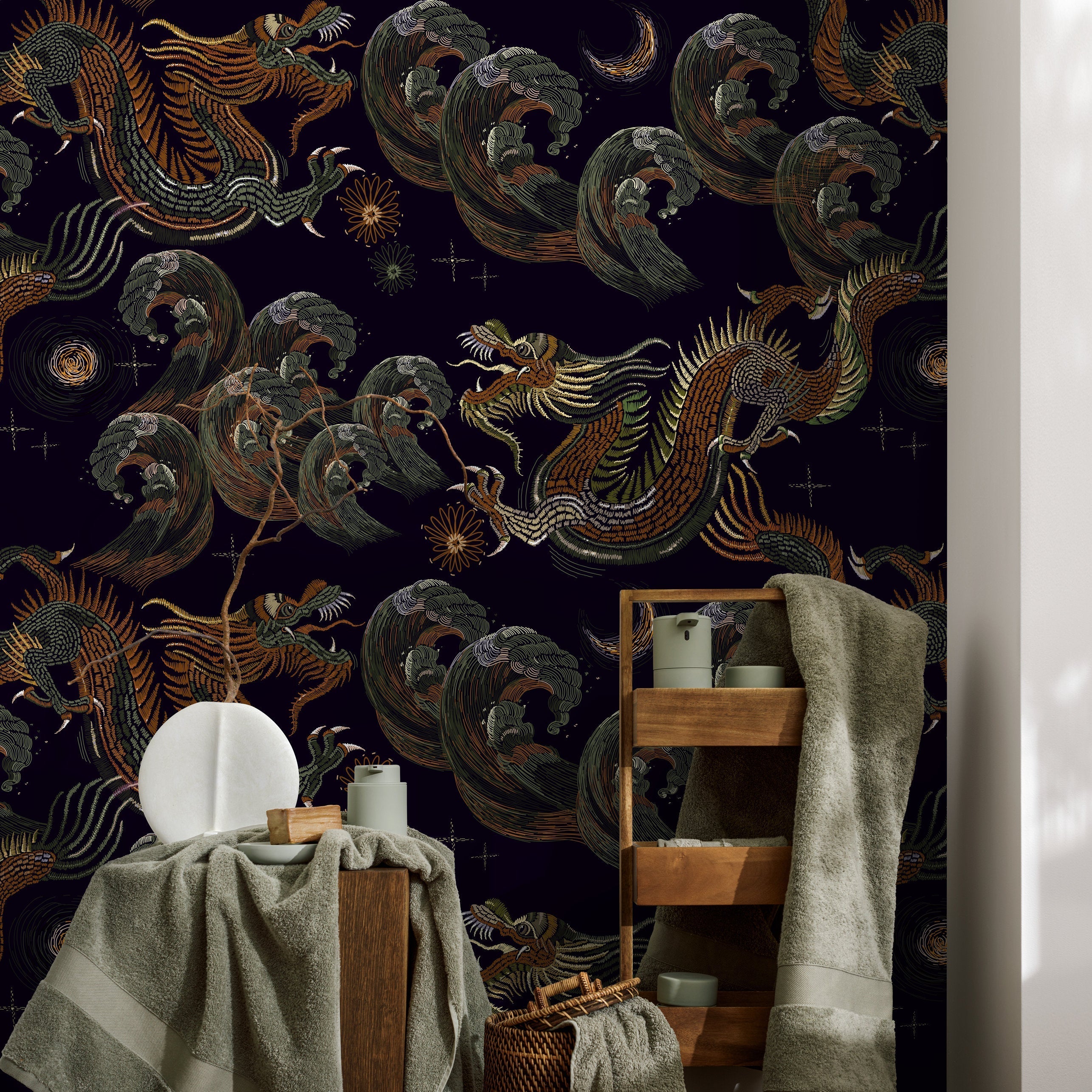 Chinoiserie Wallpaper With An Embroidered Dragon Motif In Black, Orange, And Green - D877