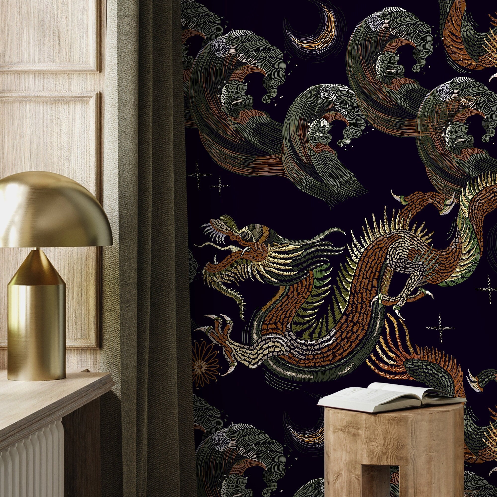 Chinoiserie Wallpaper With An Embroidered Dragon Motif In Black, Orange, And Green - D877