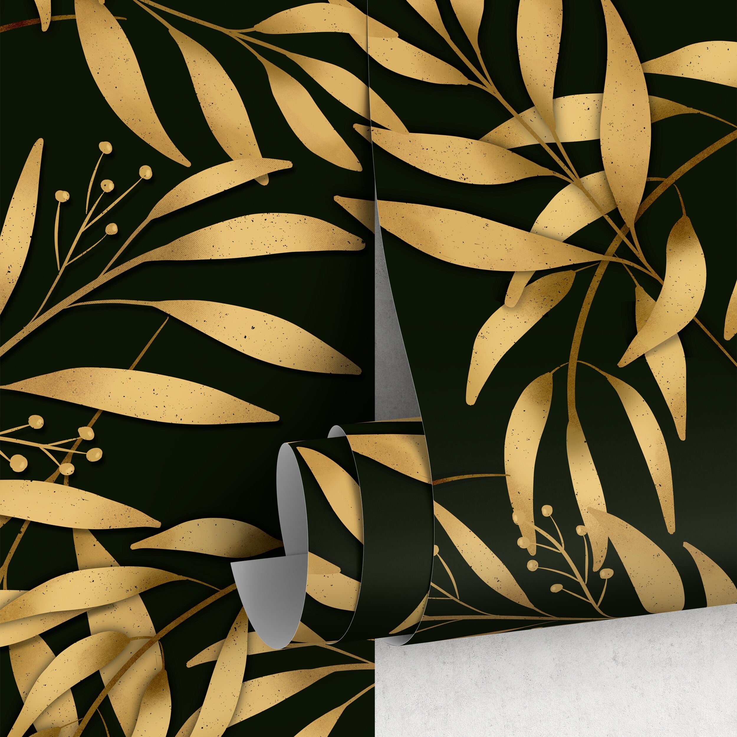 Botanical Wallpaper Featuring Elegant Golden Leaves In Gold And Black - X127