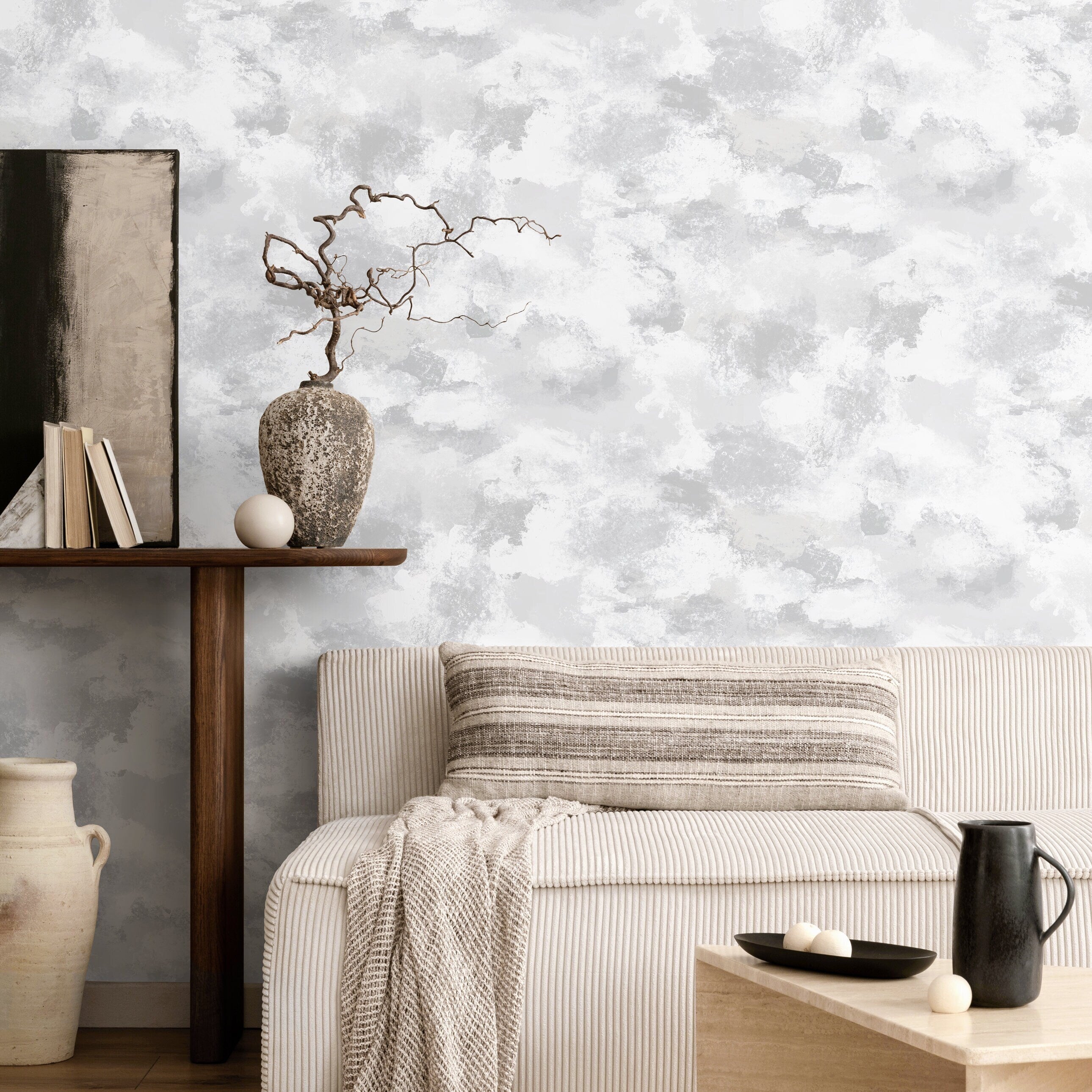 Abstract Wallpaper With A Watercolor Cloud Effect In Gray And White - X110