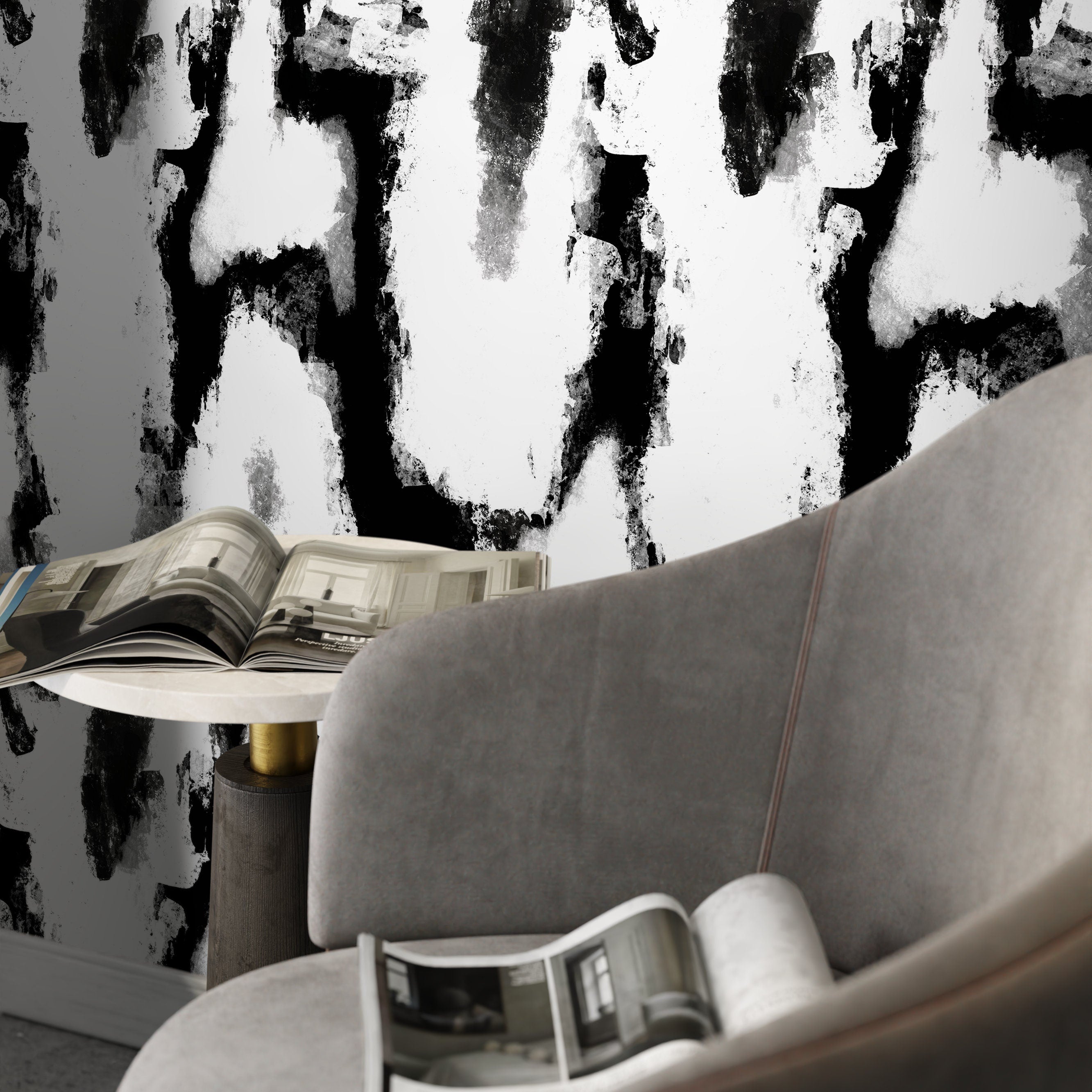 Abstract Wallpaper With A Bold Brushstroke Motif In Black And White - X111