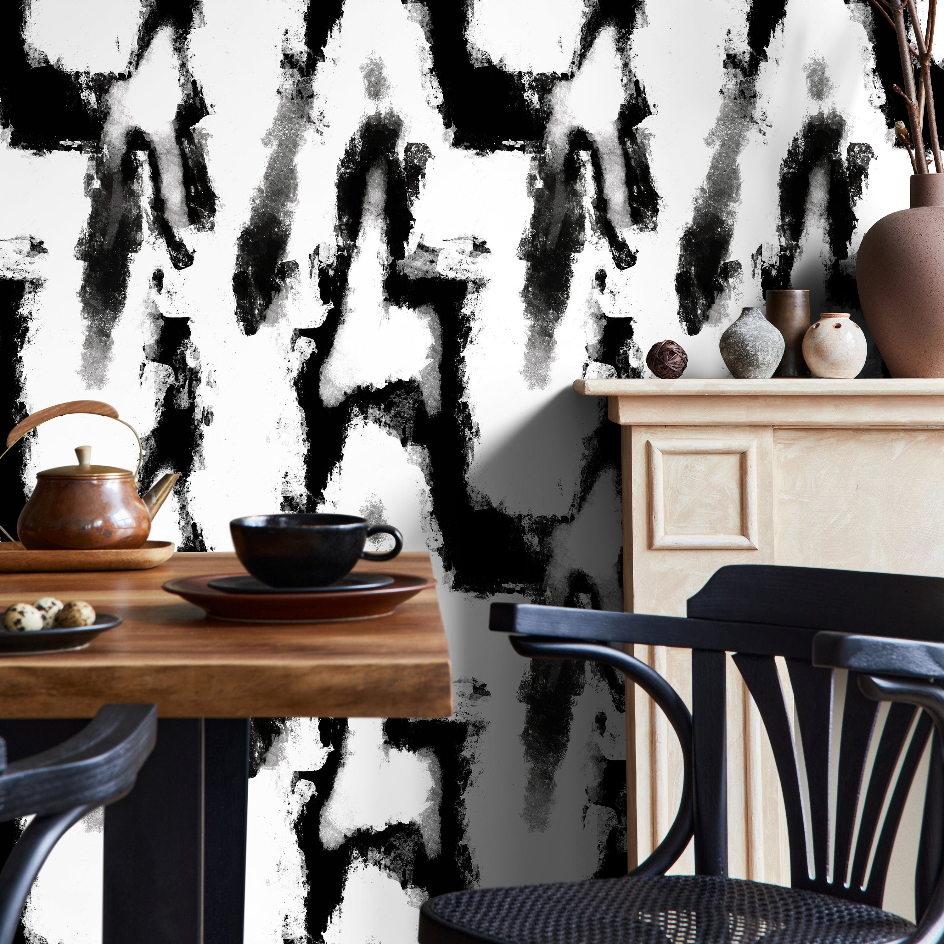 Abstract Wallpaper With A Bold Brushstroke Motif In Black And White - X111