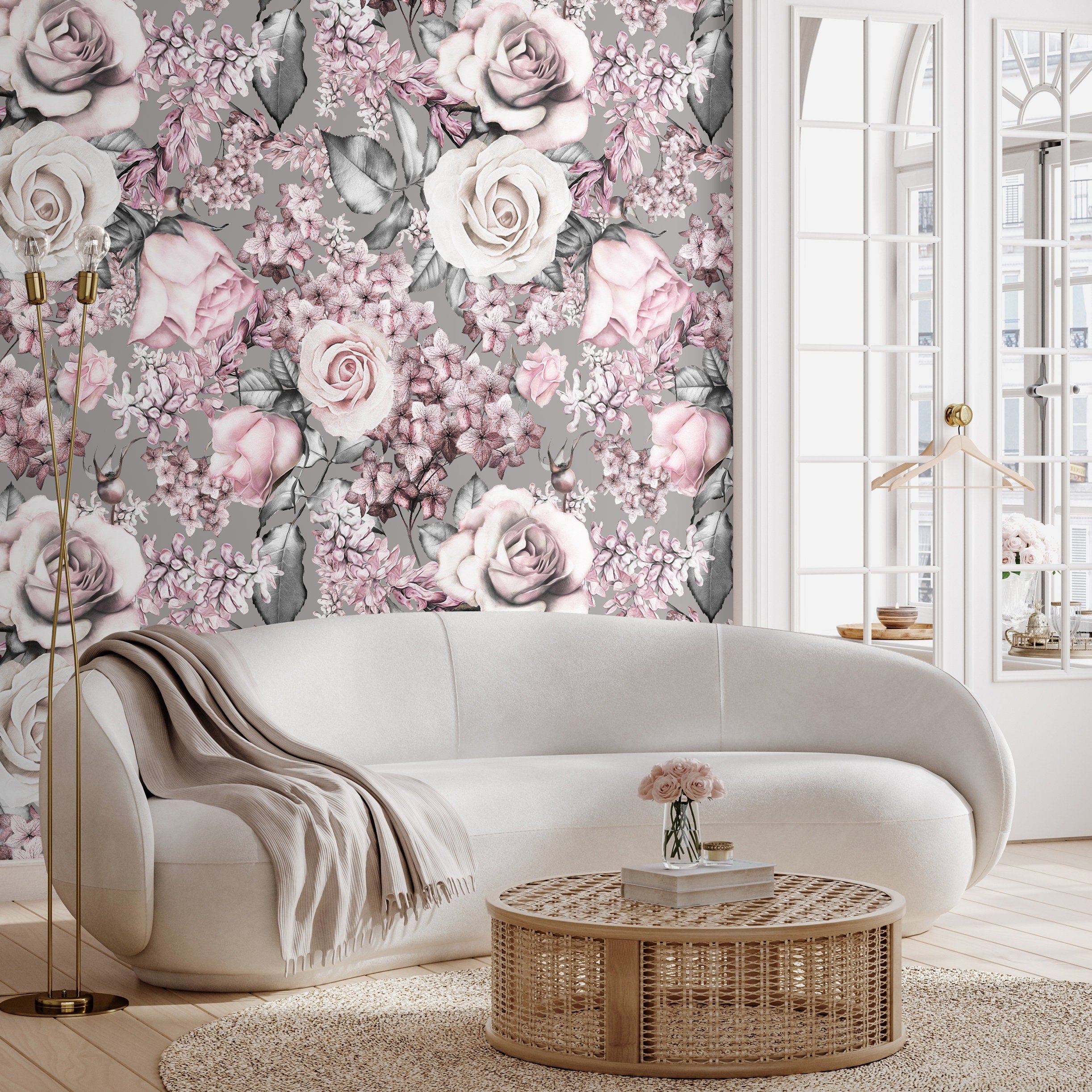 Floral Wallpaper With Roses And Hydrangeas In Pink, Gray, And White - A548