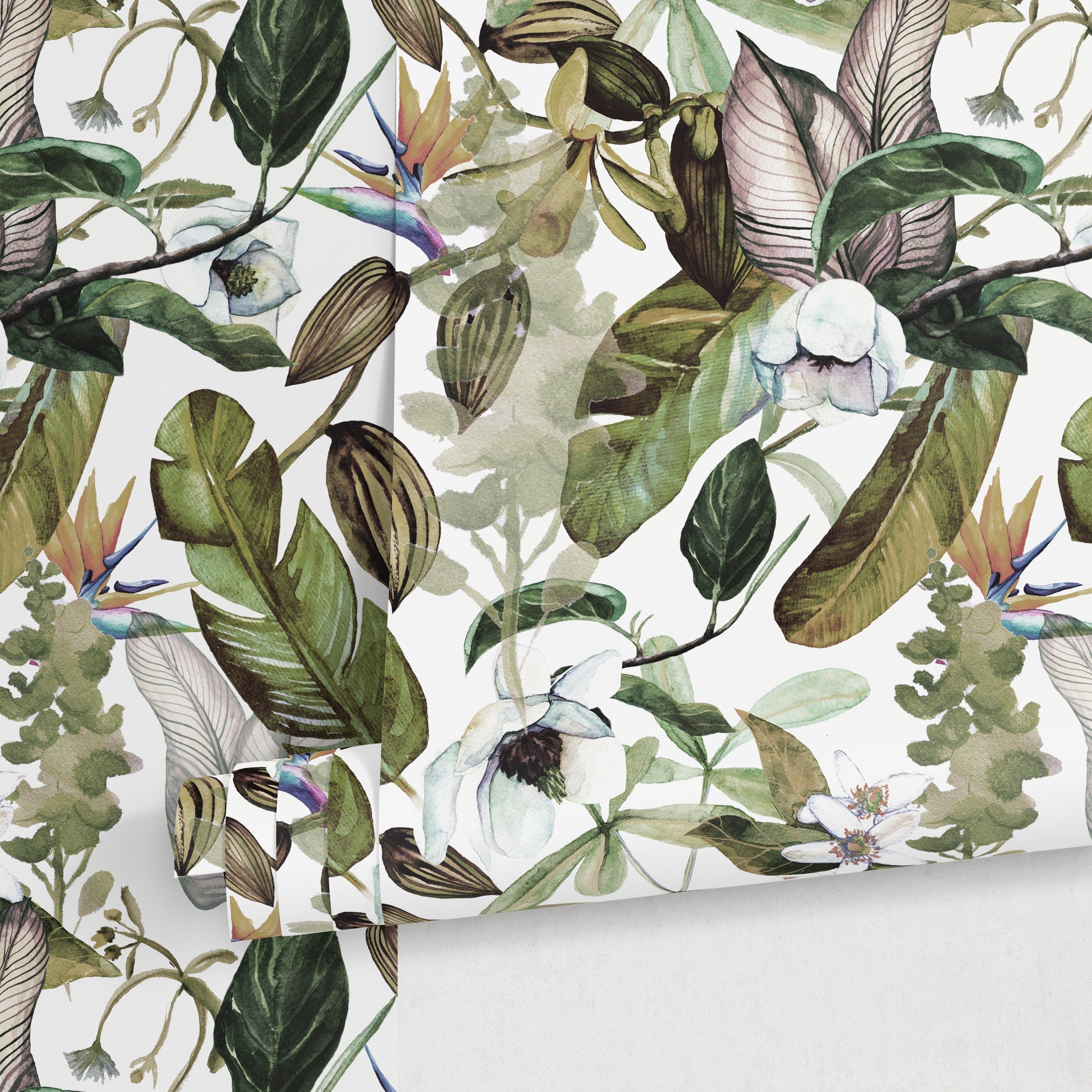 Botanical Wallpaper With A Lush Tropical Motif In Green, Brown, And Purple - A741