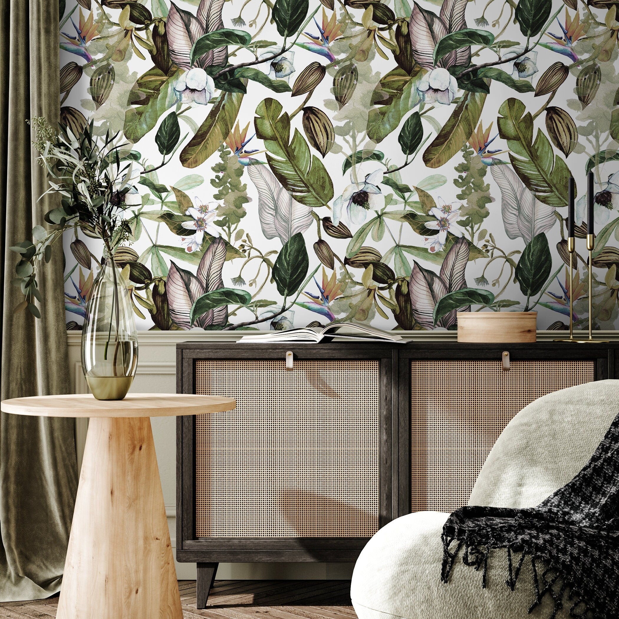 Botanical Wallpaper With A Lush Tropical Motif In Green, Brown, And Purple - A741