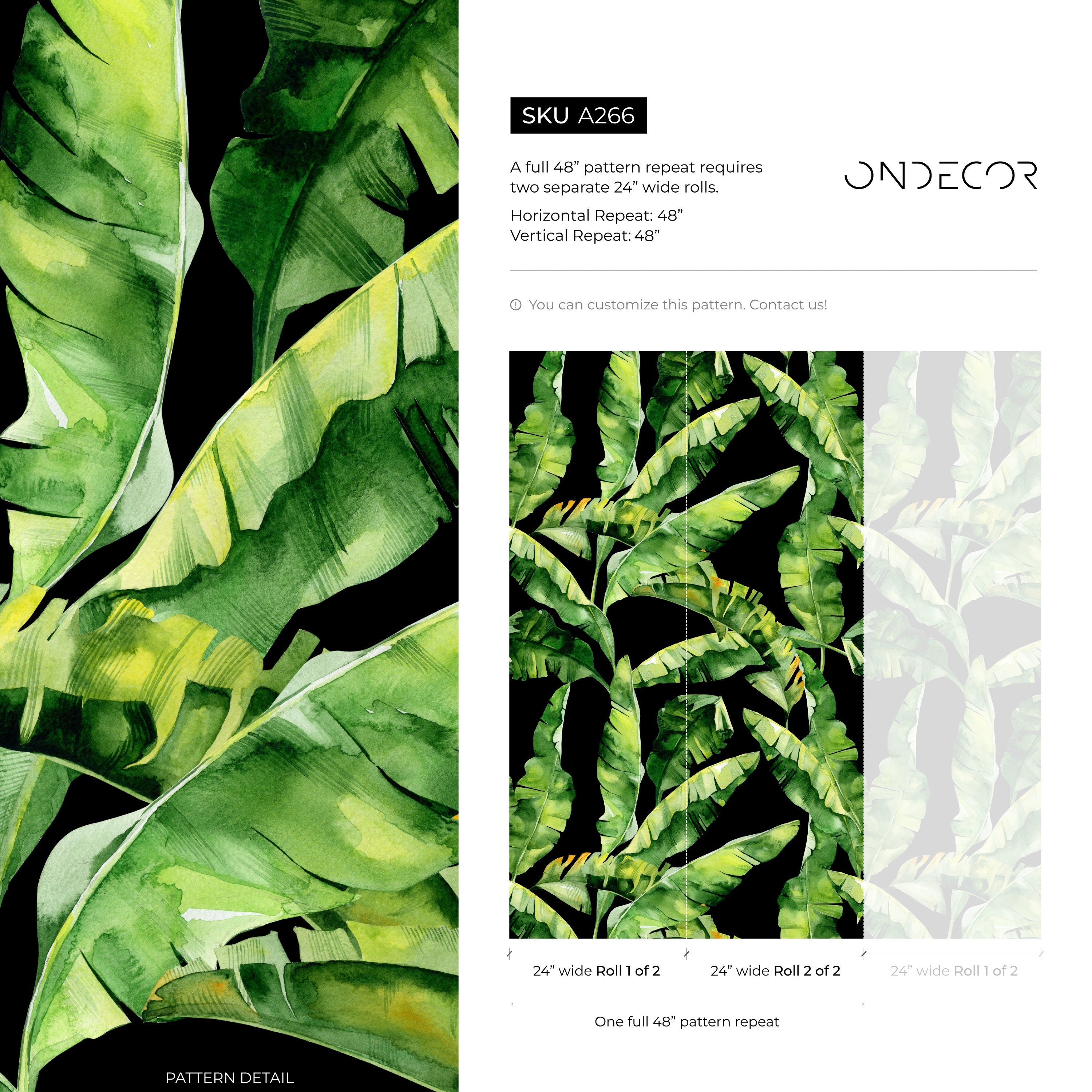 Tropical Wallpaper With Watercolor Banana Leaves In Green And Black - A266