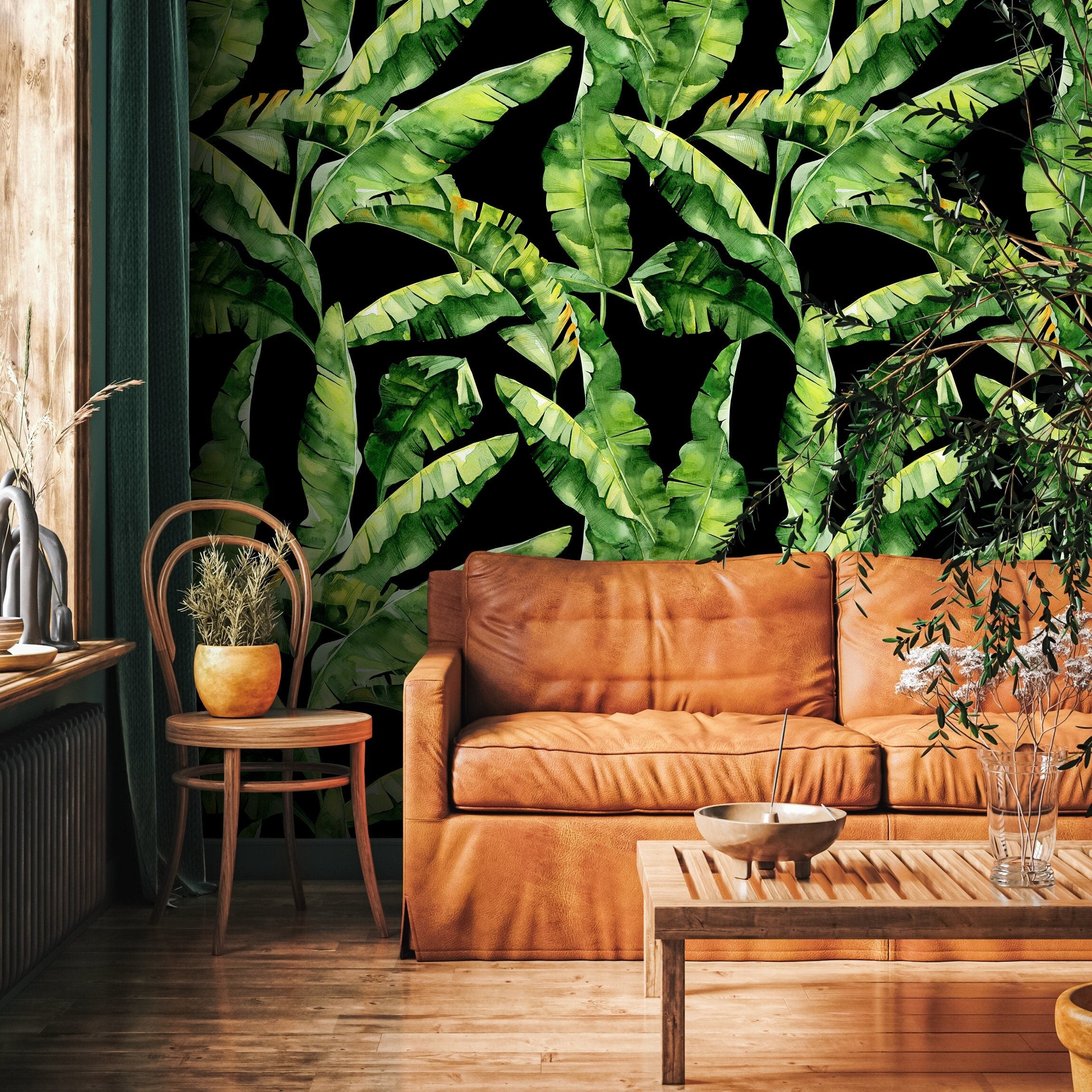 Tropical Wallpaper With Watercolor Banana Leaves In Green And Black - A266