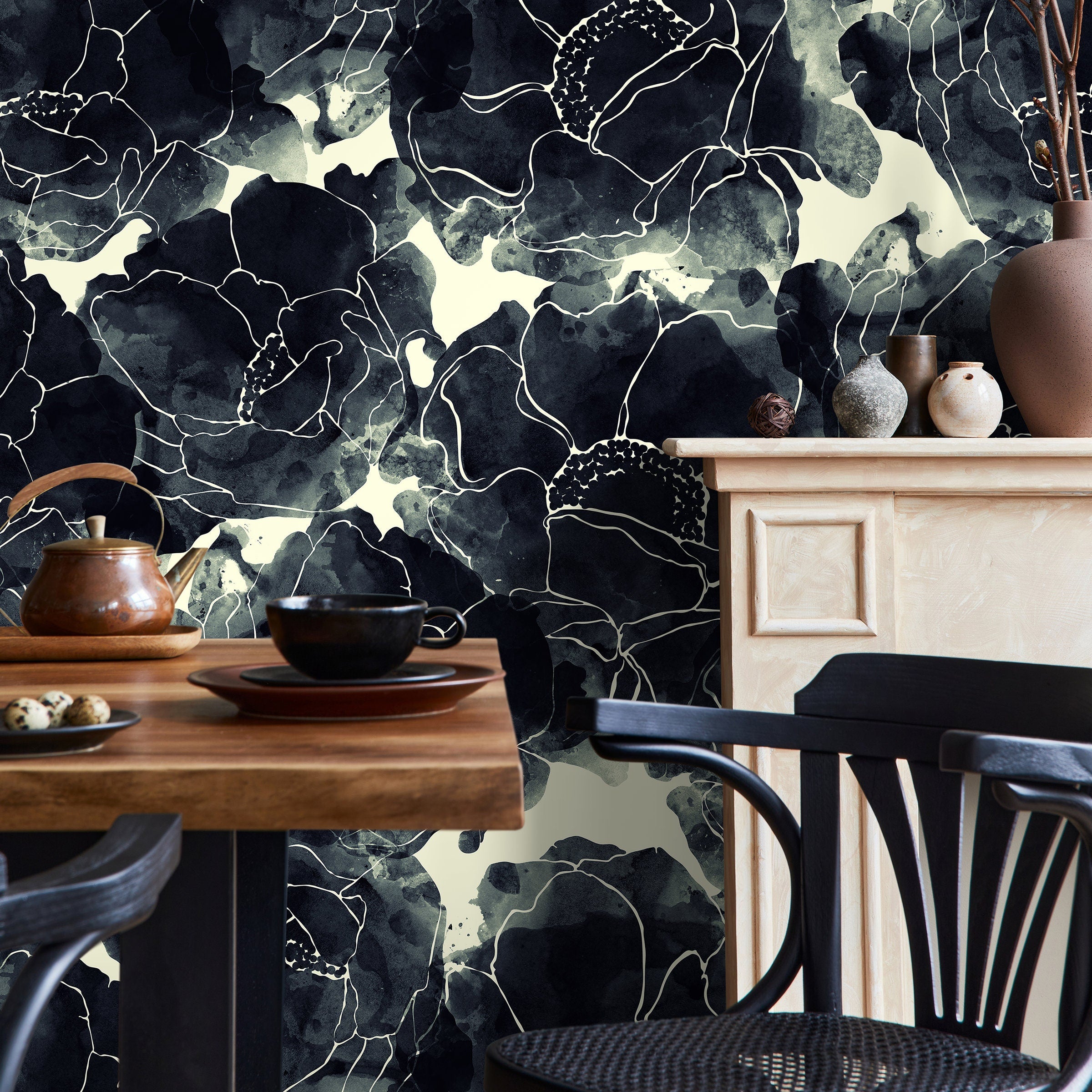 Floral Wallpaper With An Inky Line Art Motif In Black And Cream - A170
