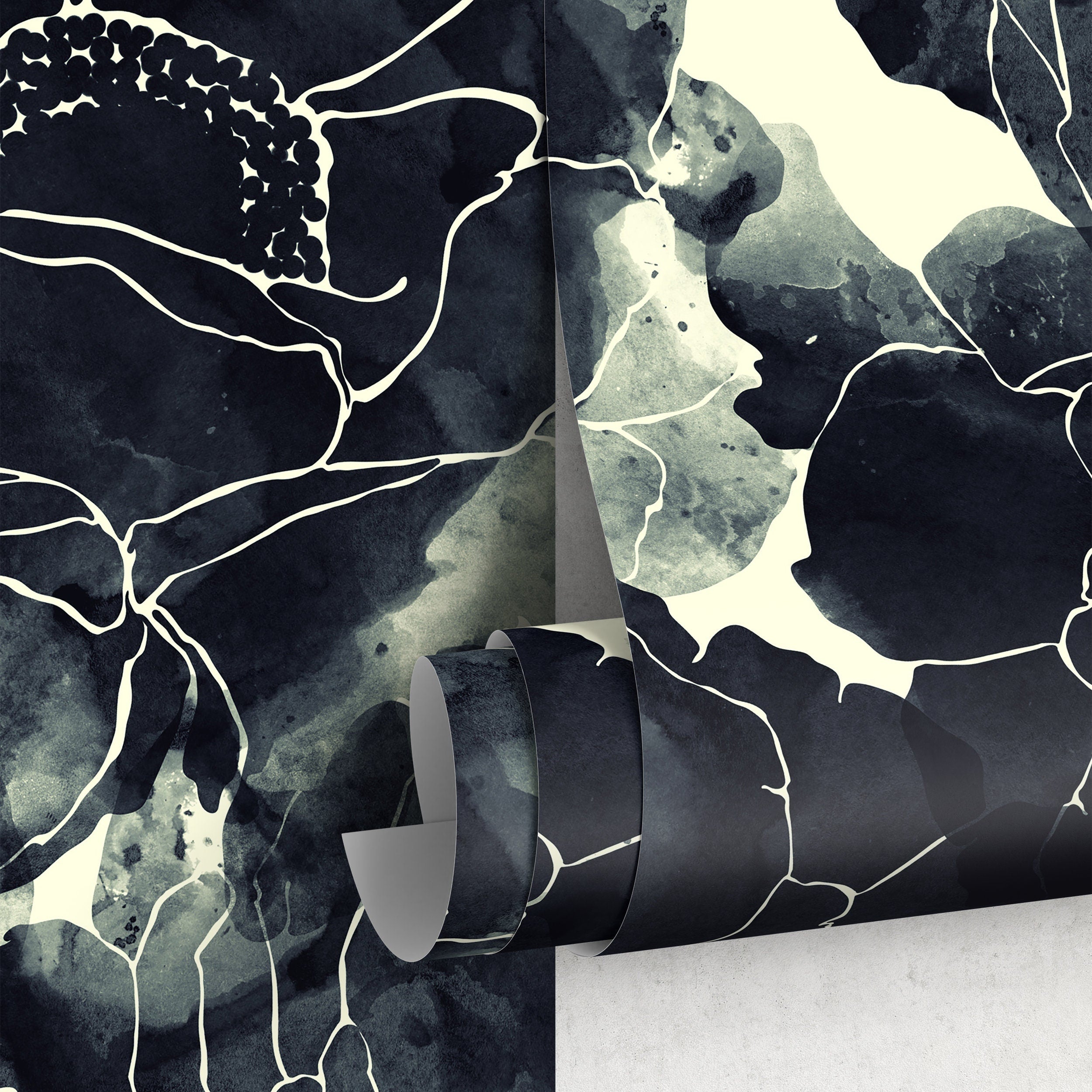 Floral Wallpaper With An Inky Line Art Motif In Black And Cream - A170